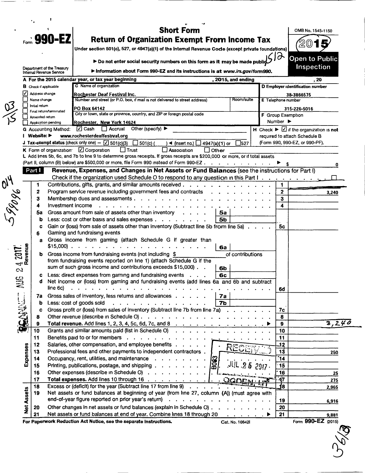 Image of first page of 2015 Form 990EZ for Rochester Deaf Festival