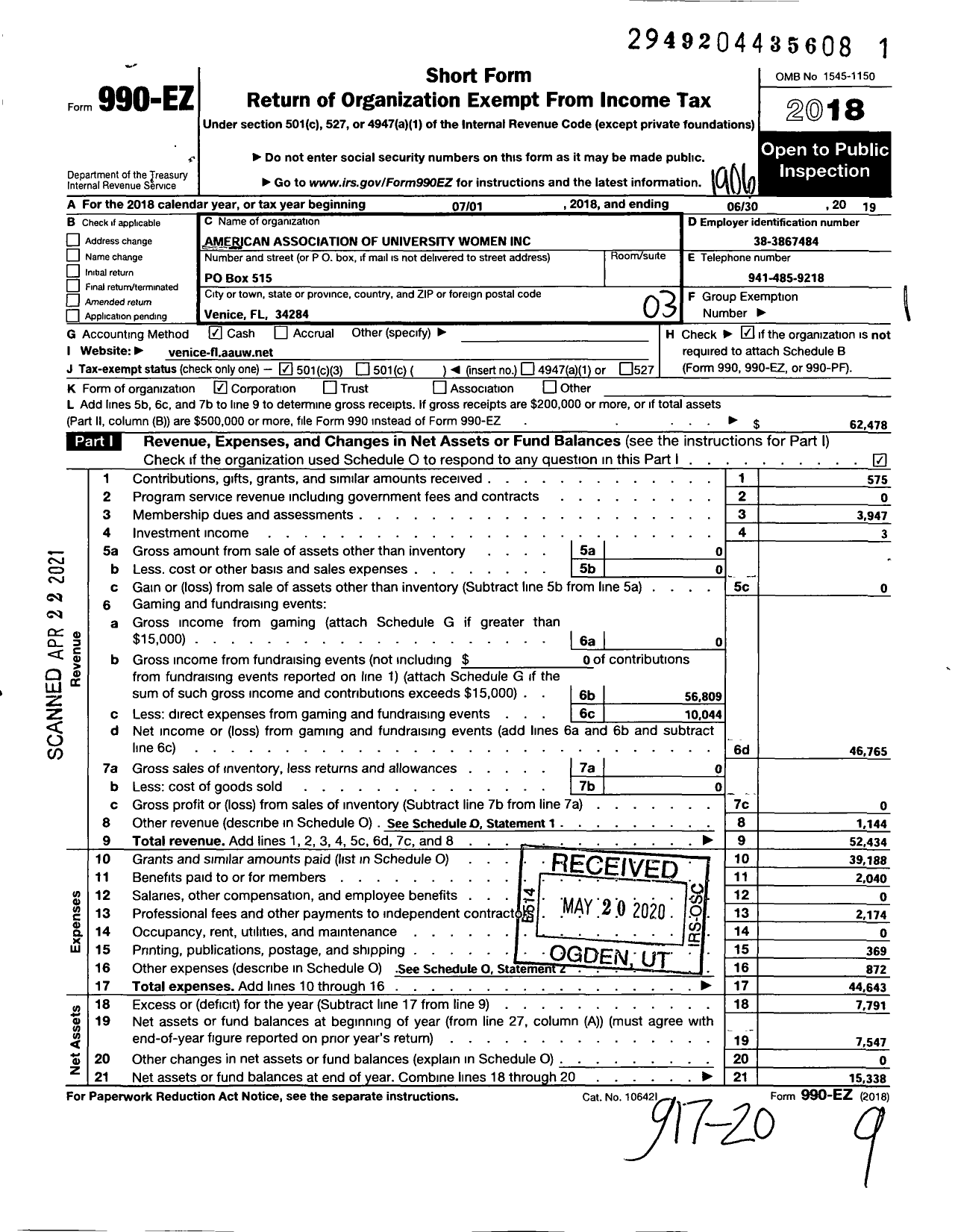 Image of first page of 2018 Form 990EZ for American Association of University Women Venice Branch