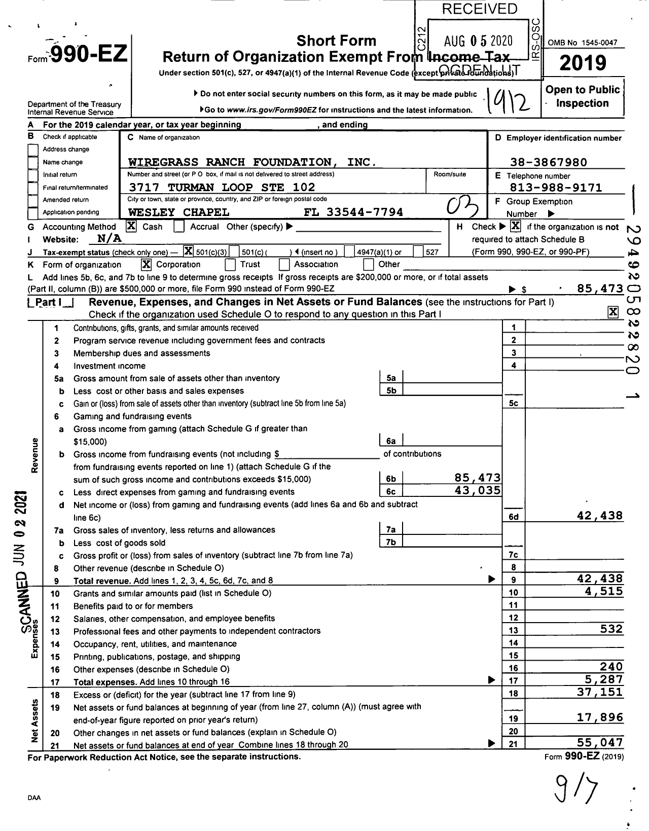 Image of first page of 2019 Form 990EZ for Wiregrass Ranch Foundation