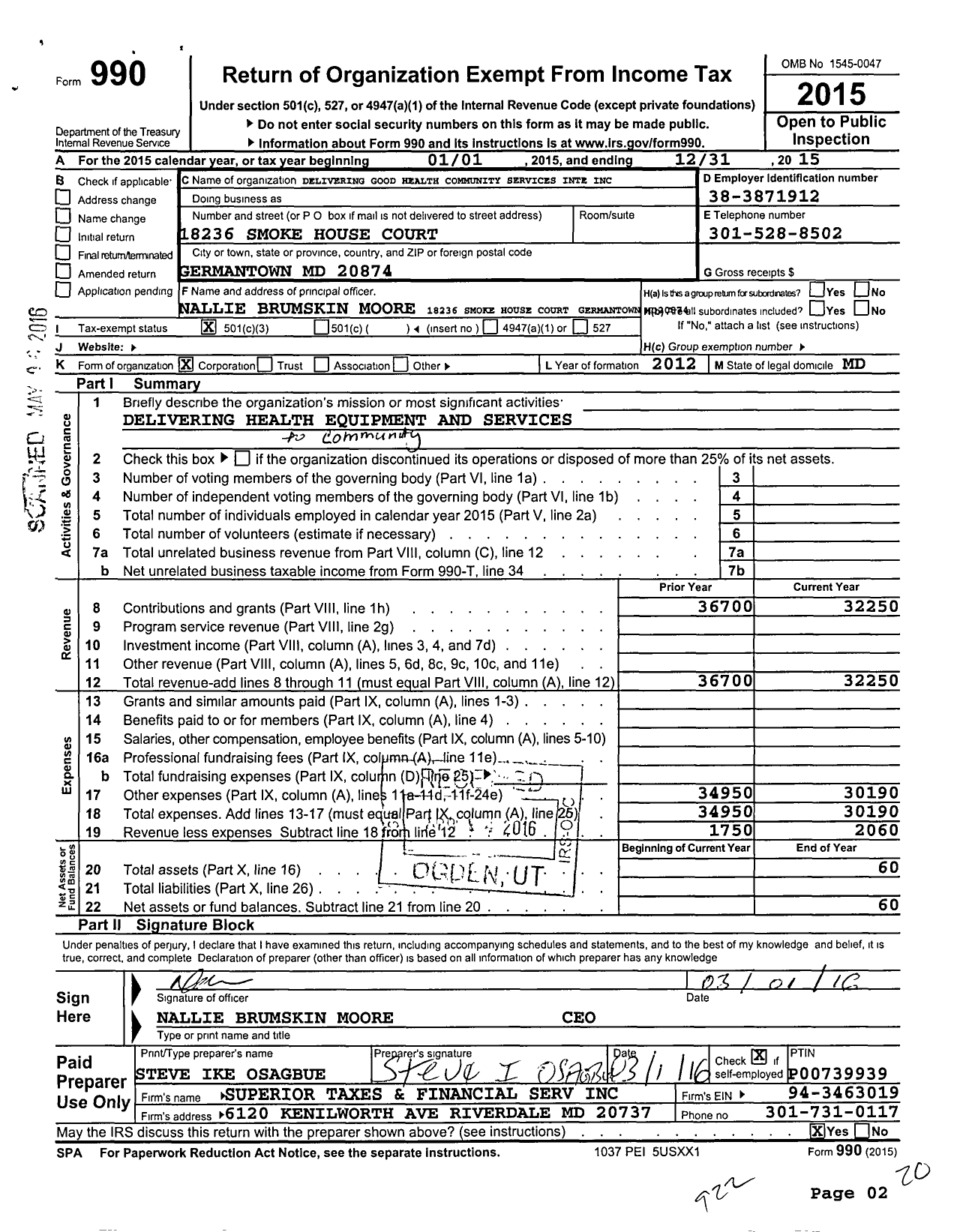 Image of first page of 2015 Form 990 for Delivering Good Health Community Services International