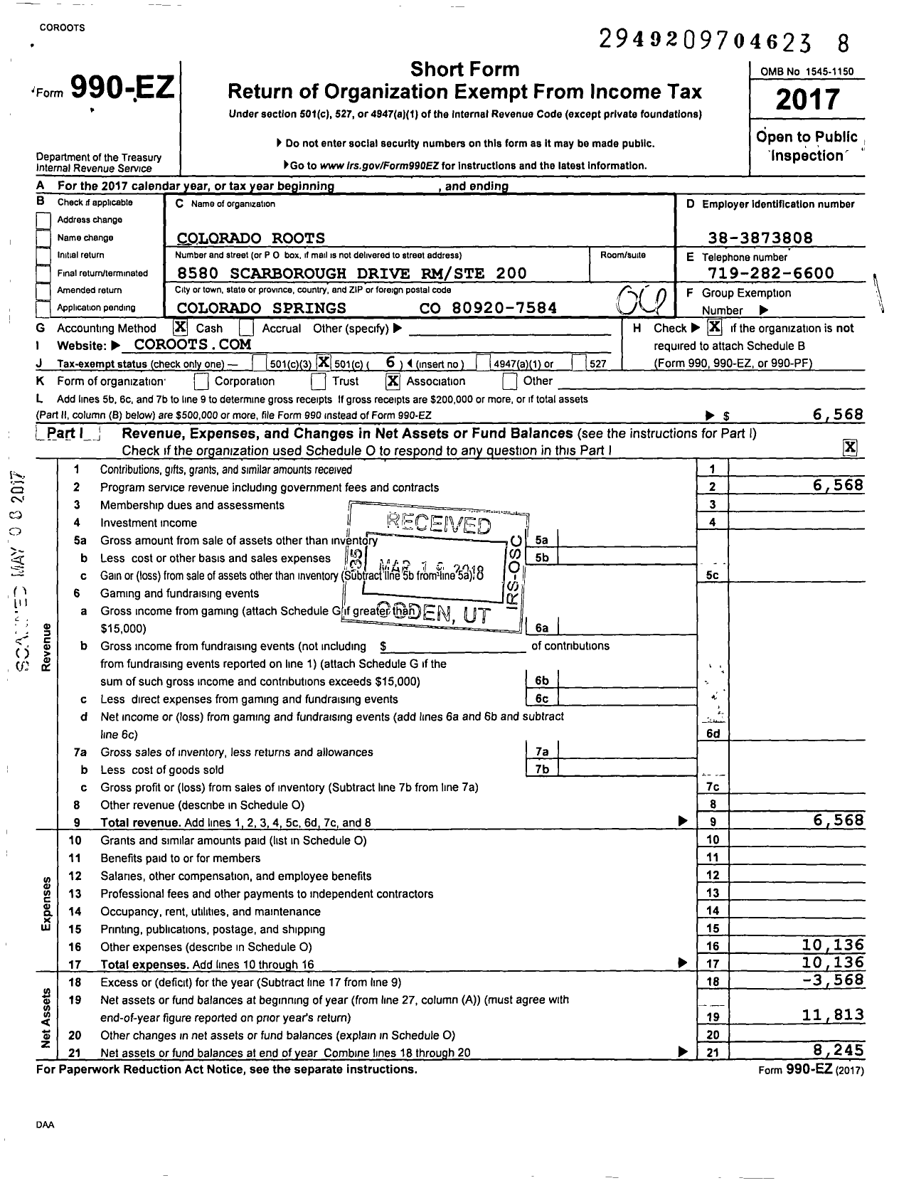 Image of first page of 2017 Form 990EO for Colorado Roots