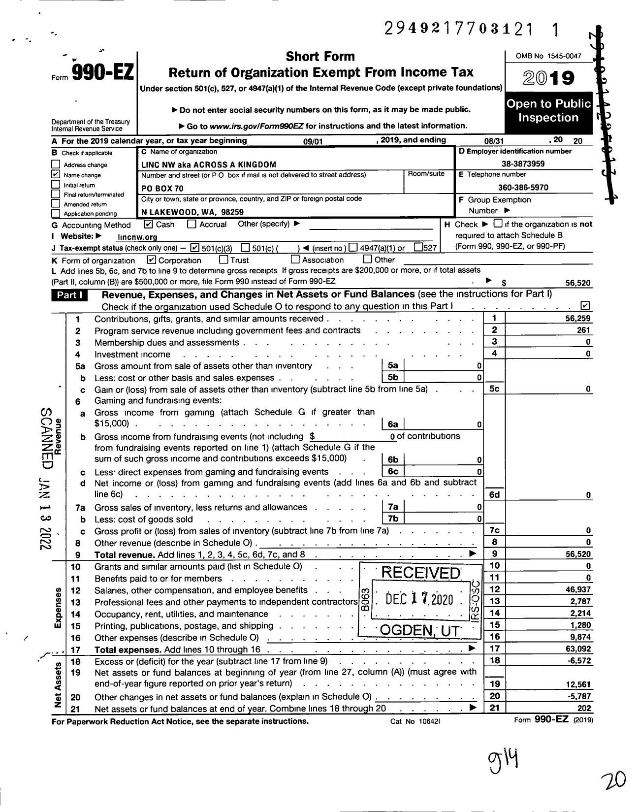 Image of first page of 2019 Form 990EZ for Across a Kingdom