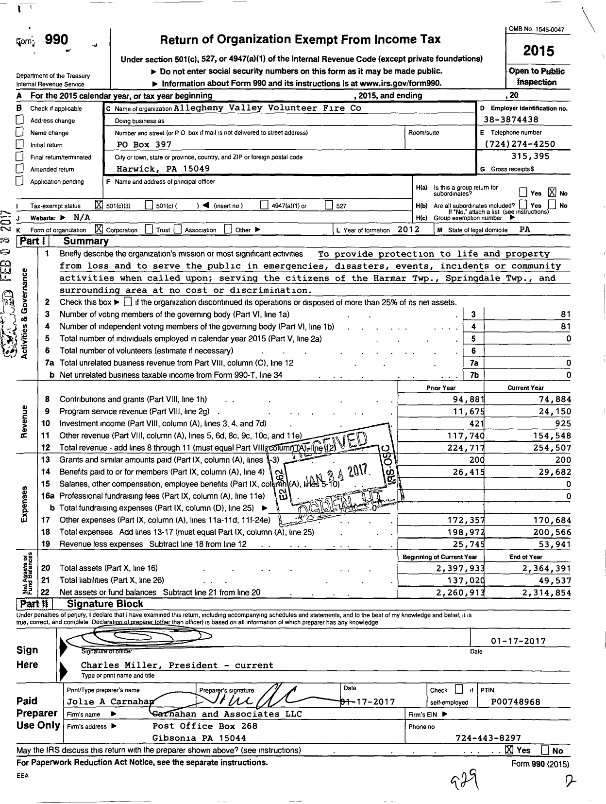 Image of first page of 2015 Form 990 for Allegheny Valley Volunteer Fire Co