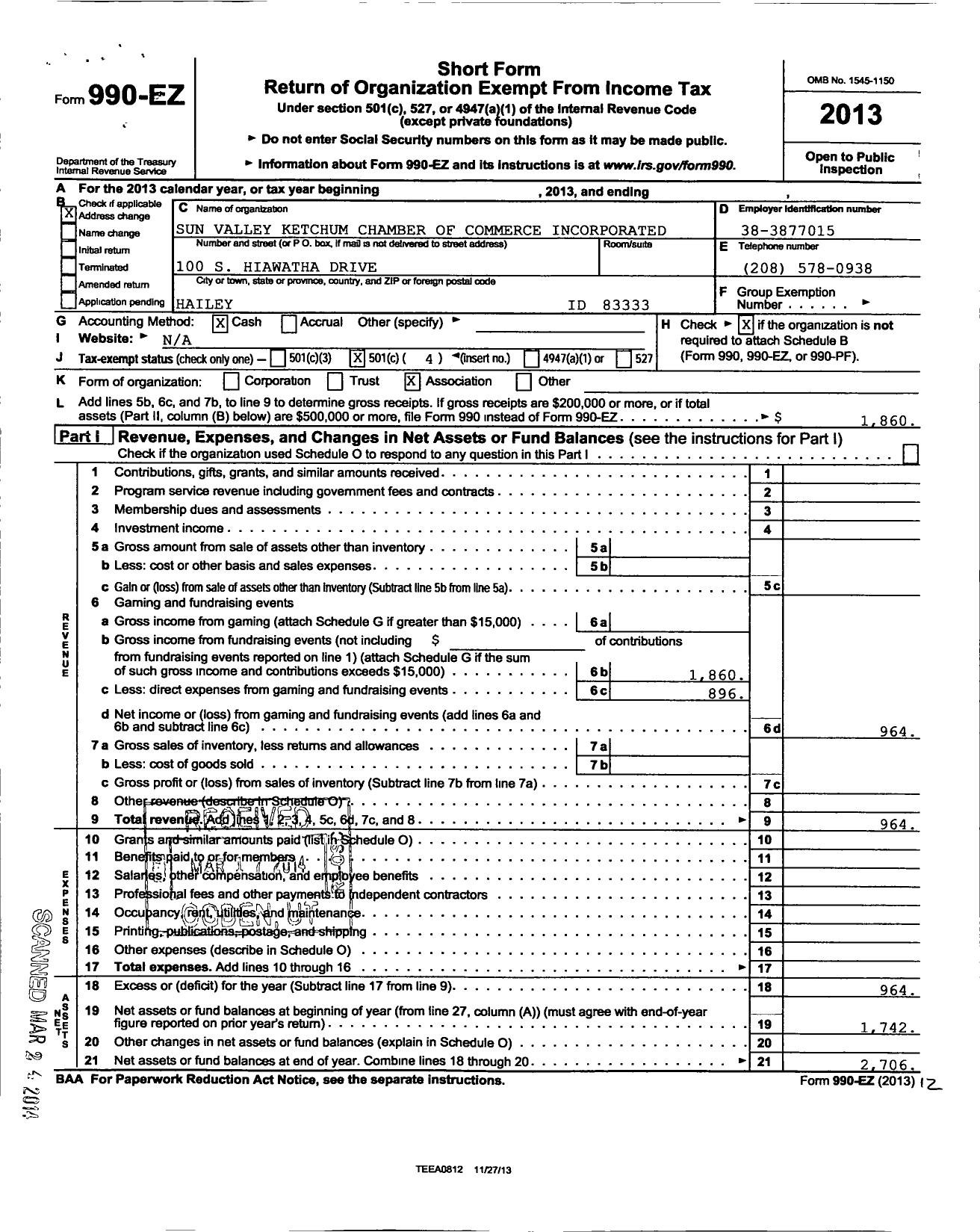 Image of first page of 2013 Form 990EO for Sun Valley Ketchum Chamber of Commerce Incorporated