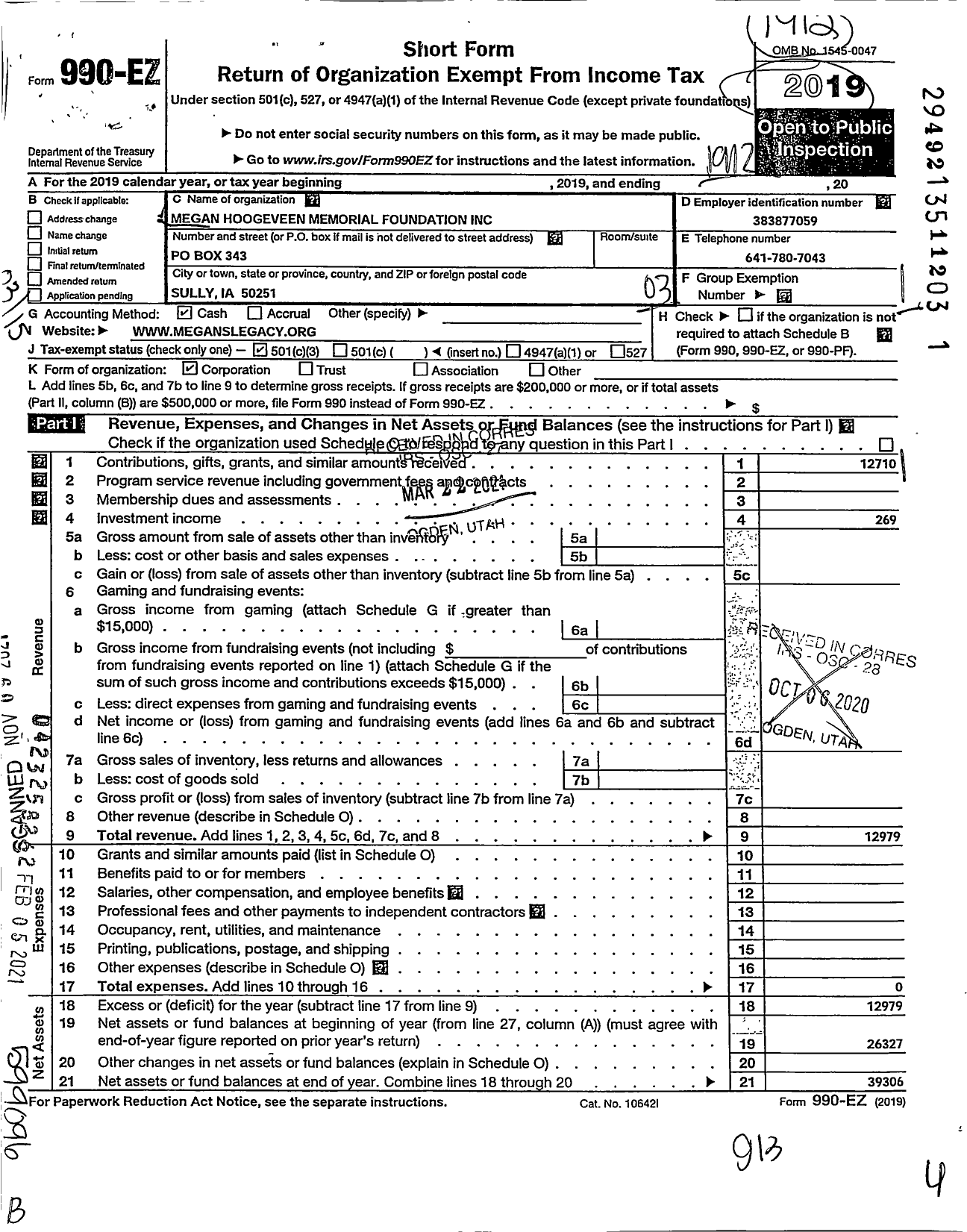 Image of first page of 2019 Form 990EZ for Megan Hoogeveen Memorial Foundation