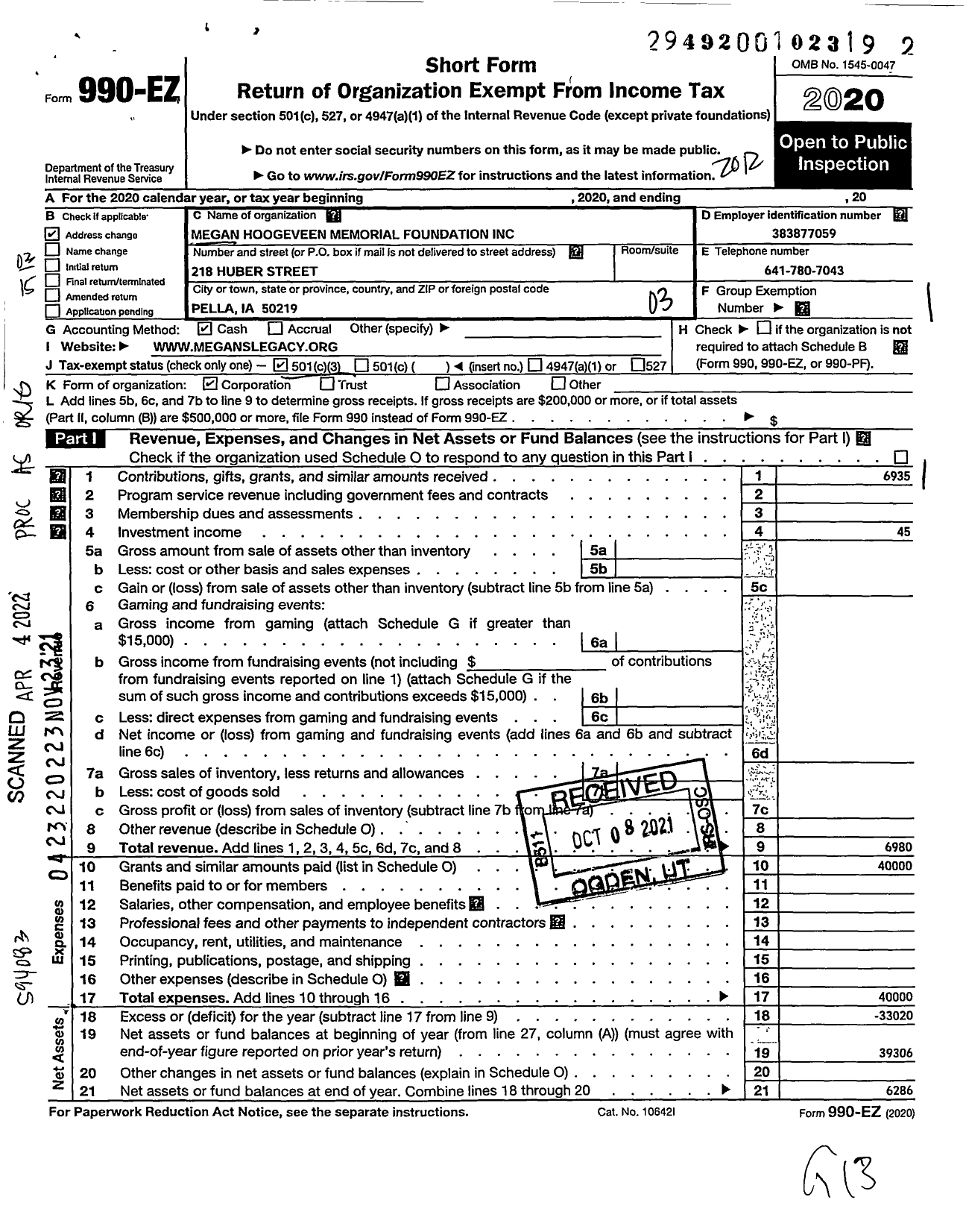 Image of first page of 2020 Form 990EZ for Megan Hoogeveen Memorial Foundation