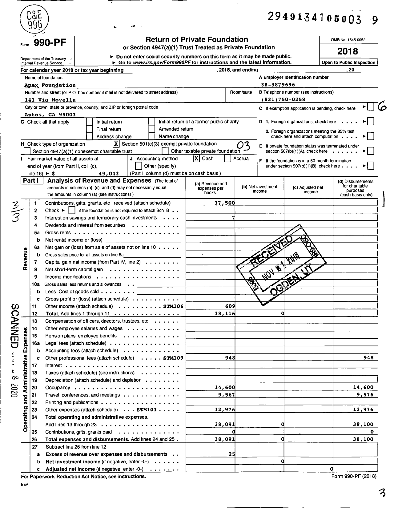 Image of first page of 2018 Form 990PF for Apex Foundation