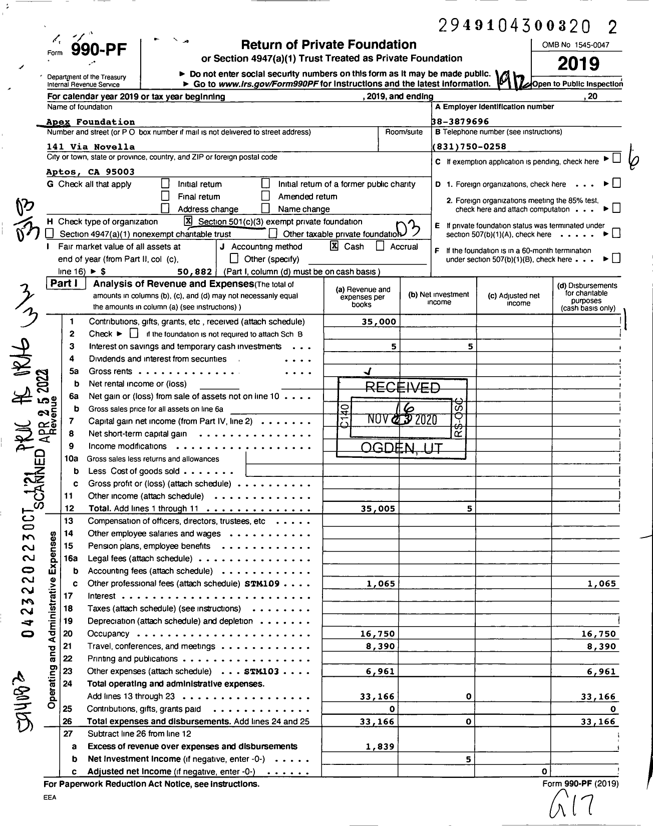 Image of first page of 2019 Form 990PF for Apex Foundation