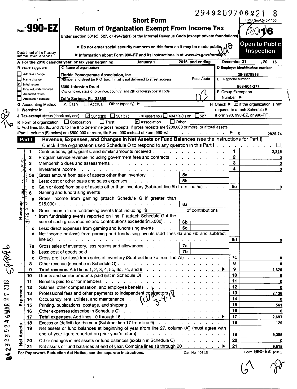 Image of first page of 2016 Form 990EZ for Florida Pomegranate Association