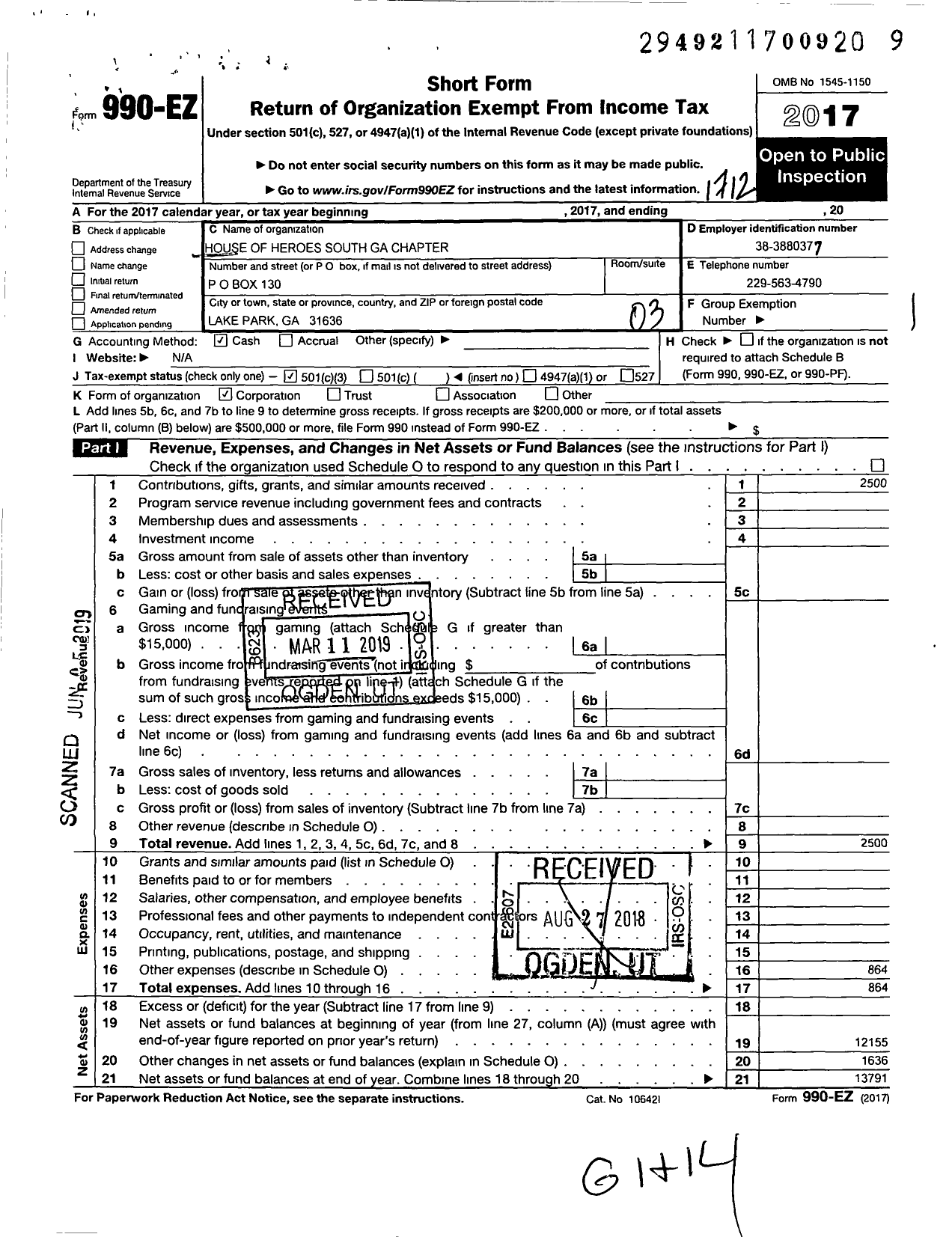 Image of first page of 2017 Form 990EZ for House of Heroes / South Georgia Chapter