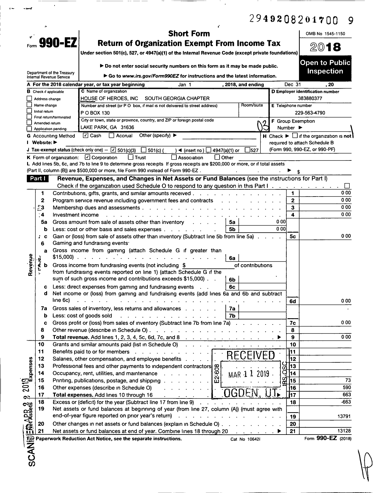 Image of first page of 2018 Form 990EZ for House of Heroes / South Georgia Chapter