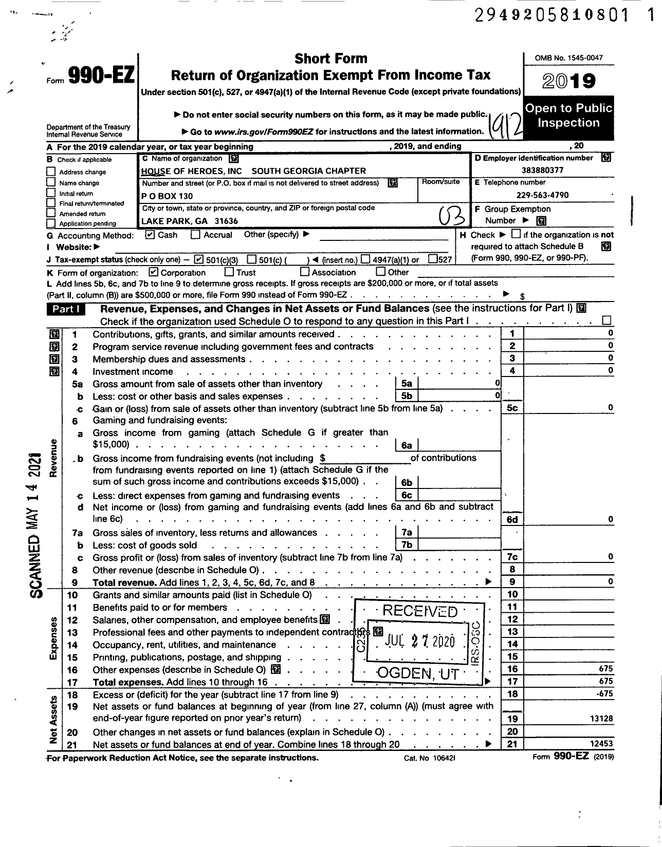 Image of first page of 2019 Form 990EZ for House of Heroes / South Georgia Chapter