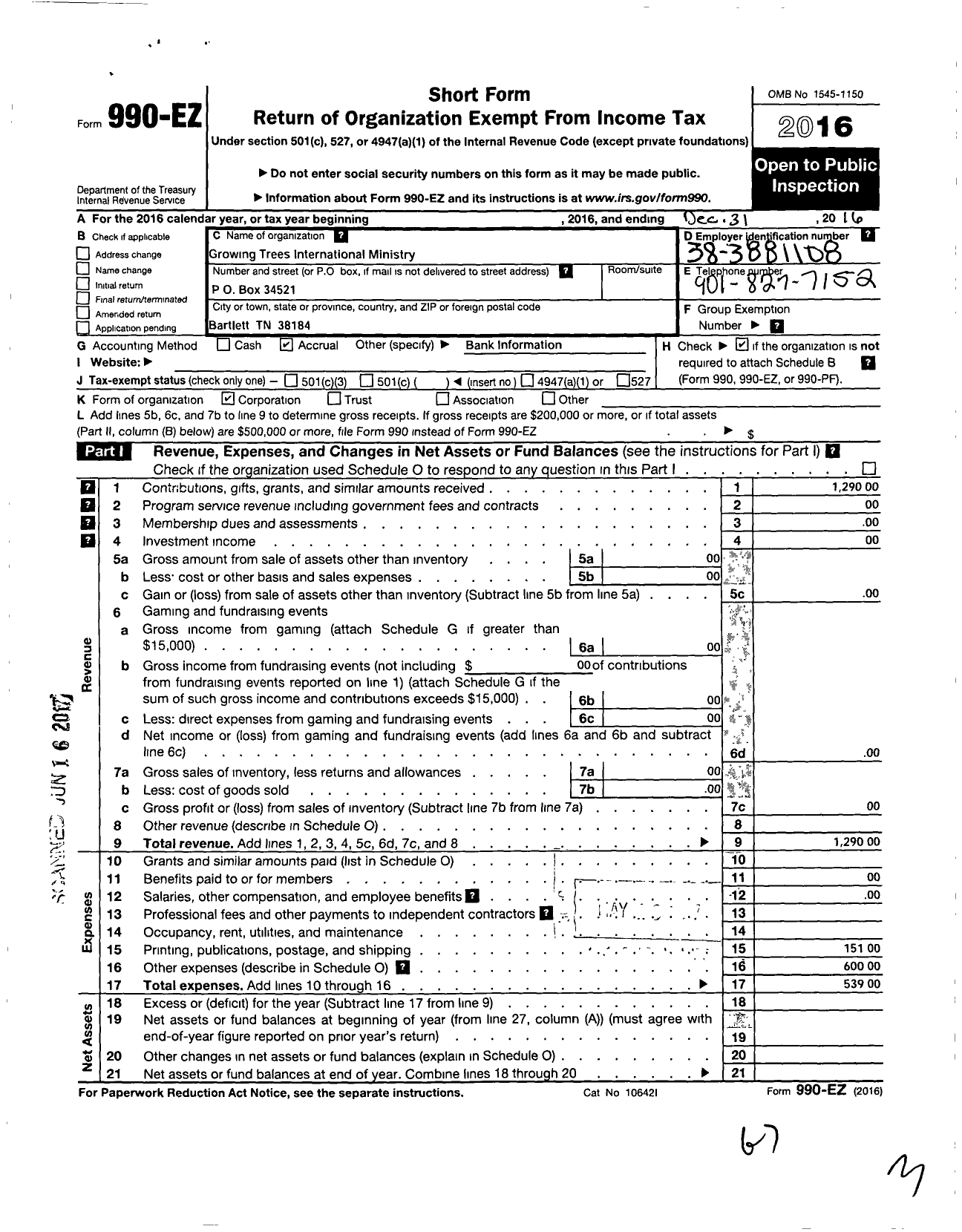 Image of first page of 2016 Form 990EO for Growing Trees International Ministry