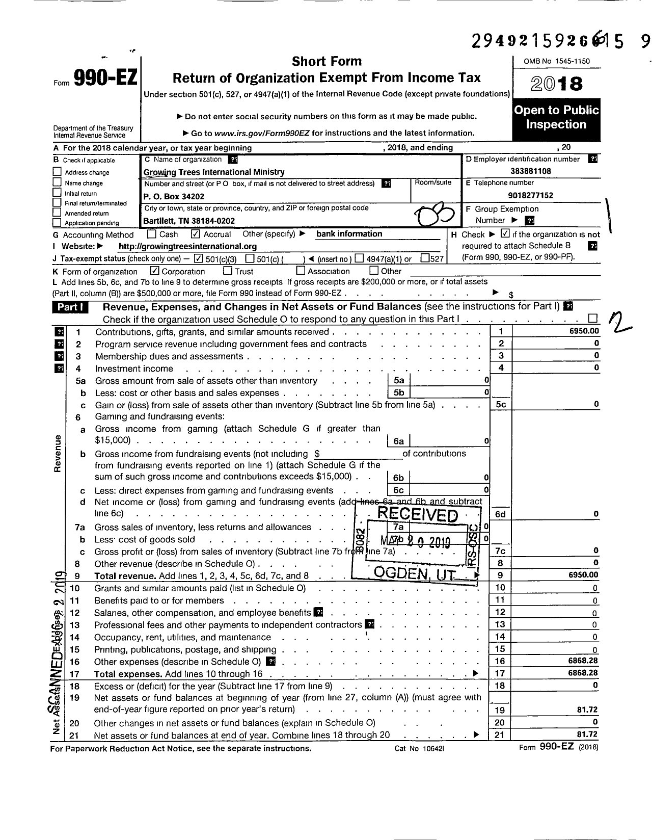 Image of first page of 2018 Form 990EZ for Growing Trees International Ministry