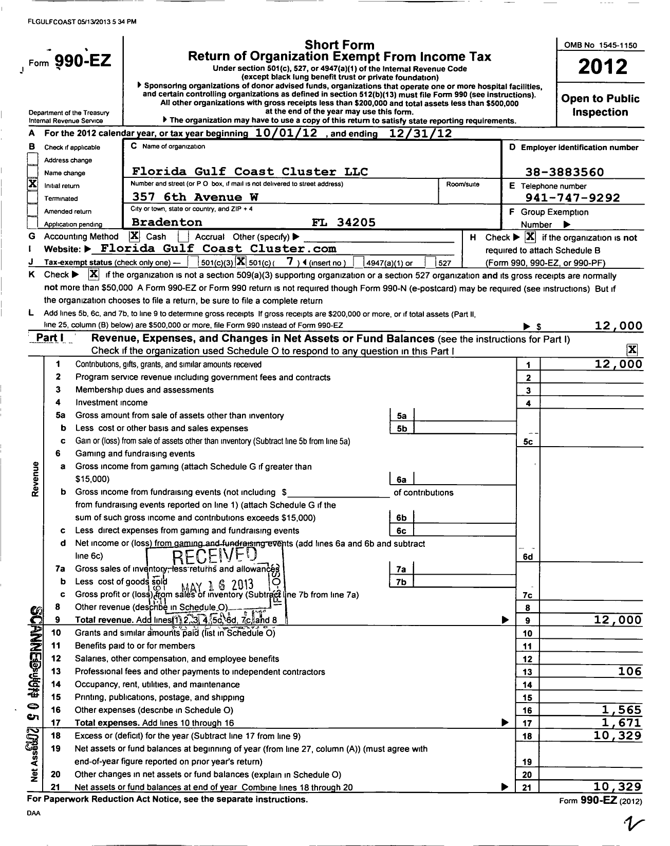 Image of first page of 2012 Form 990EO for Florida Gulf Coast Cluster LLC