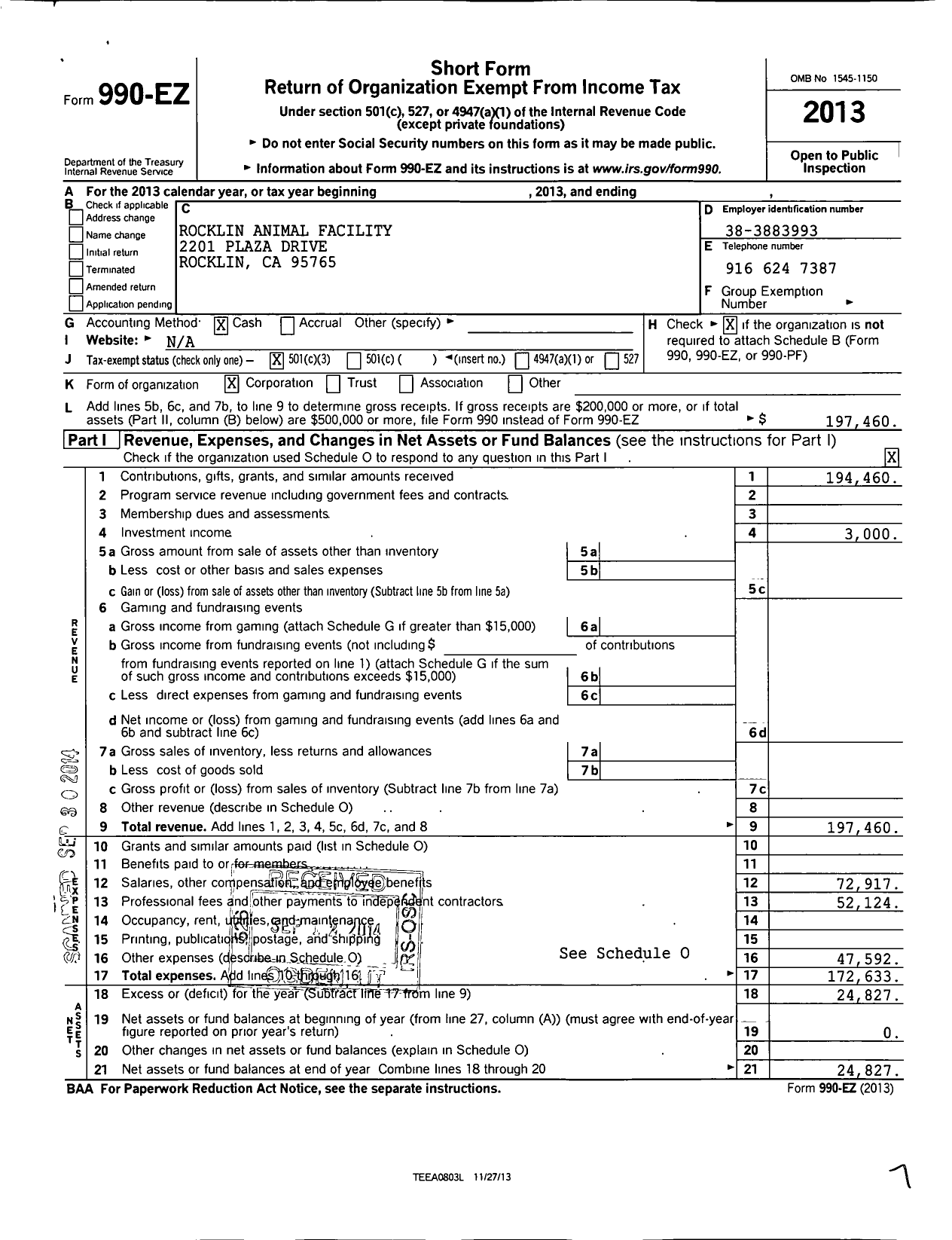 Image of first page of 2013 Form 990EZ for Rocklin Animal Facility