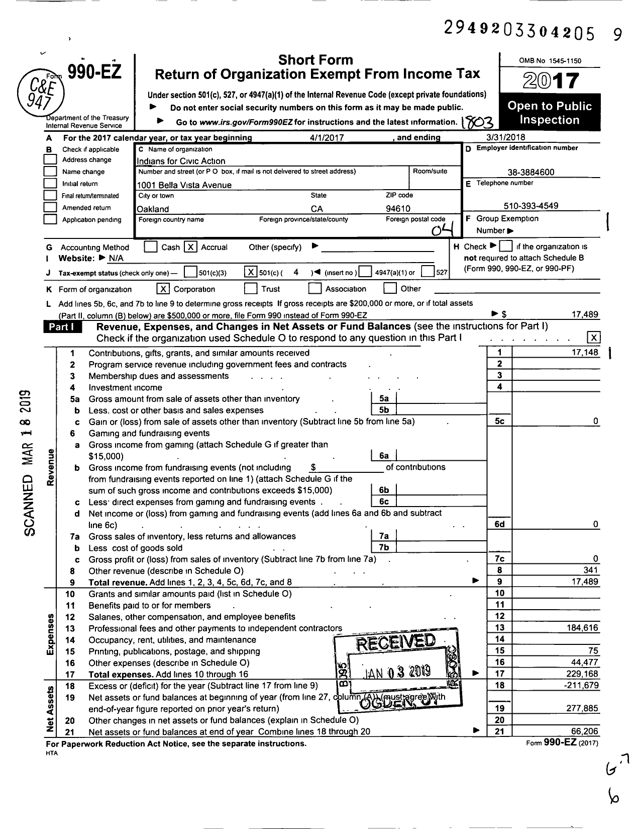 Image of first page of 2017 Form 990EO for Indians for Civic Action