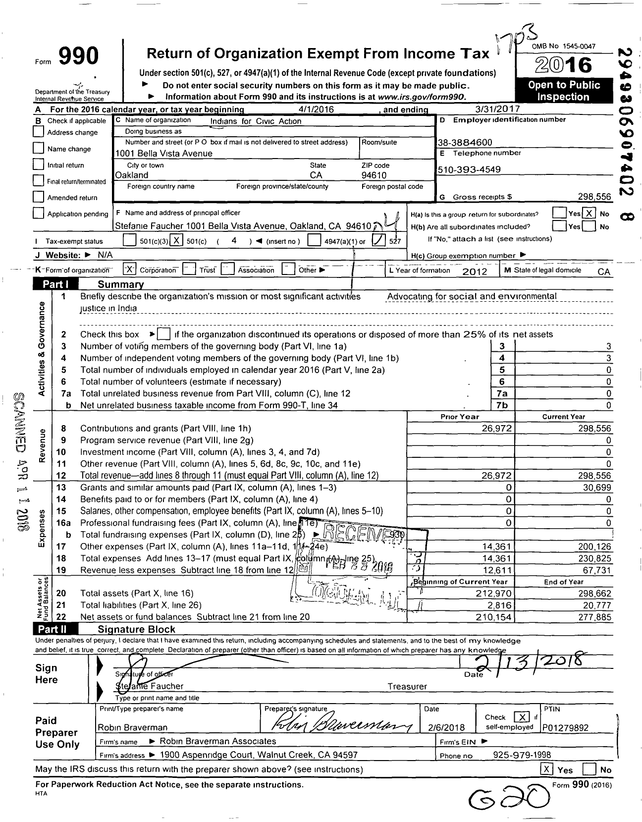 Image of first page of 2016 Form 990O for Indians for Civic Action