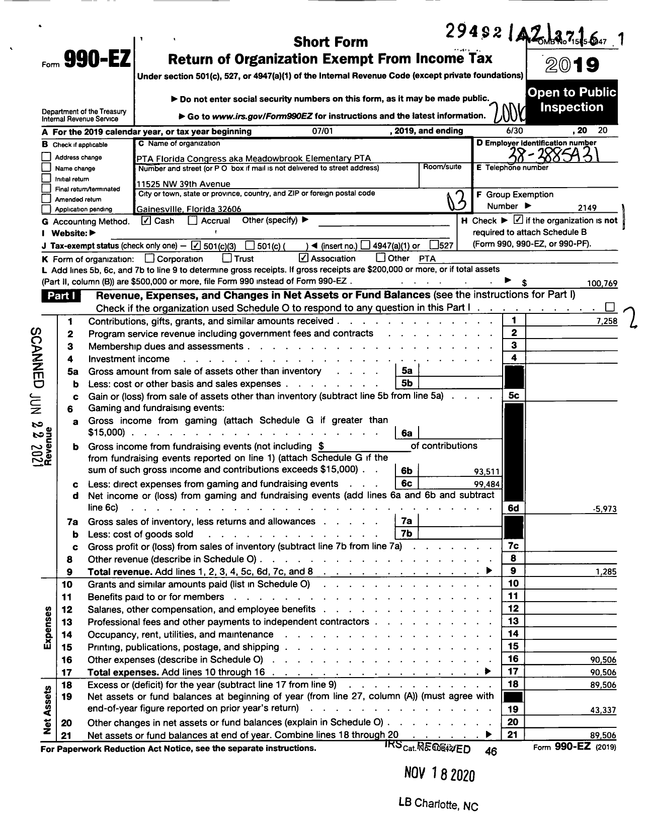 Image of first page of 2019 Form 990EZ for PTA Florida CONGRESS - Meadowbrook Elementary