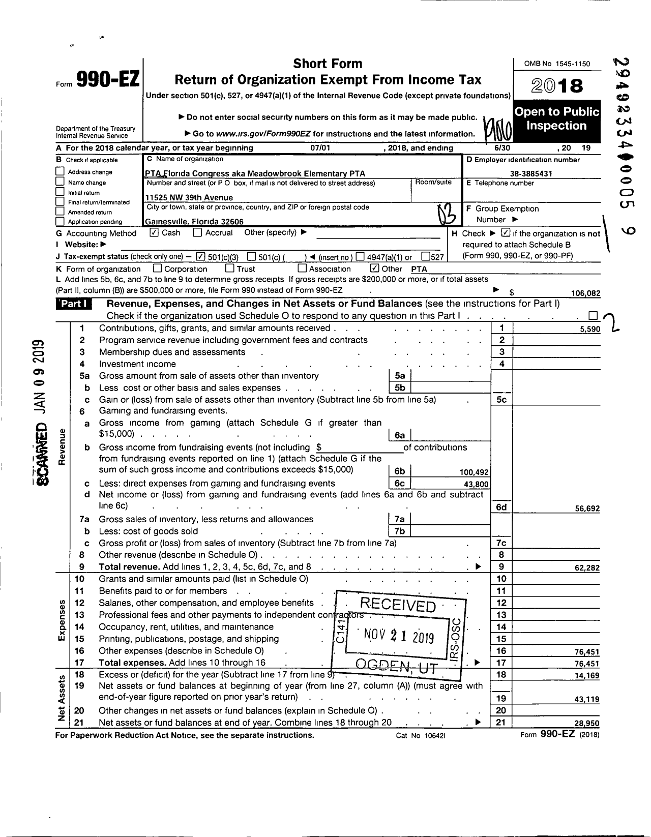 Image of first page of 2018 Form 990EZ for PTA Florida CONGRESS - Meadowbrook Elementary