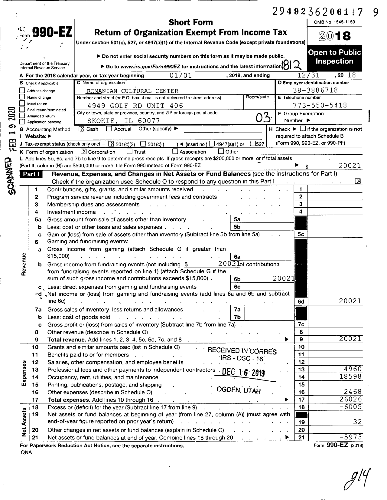 Image of first page of 2018 Form 990EZ for Romanian Cultural Center