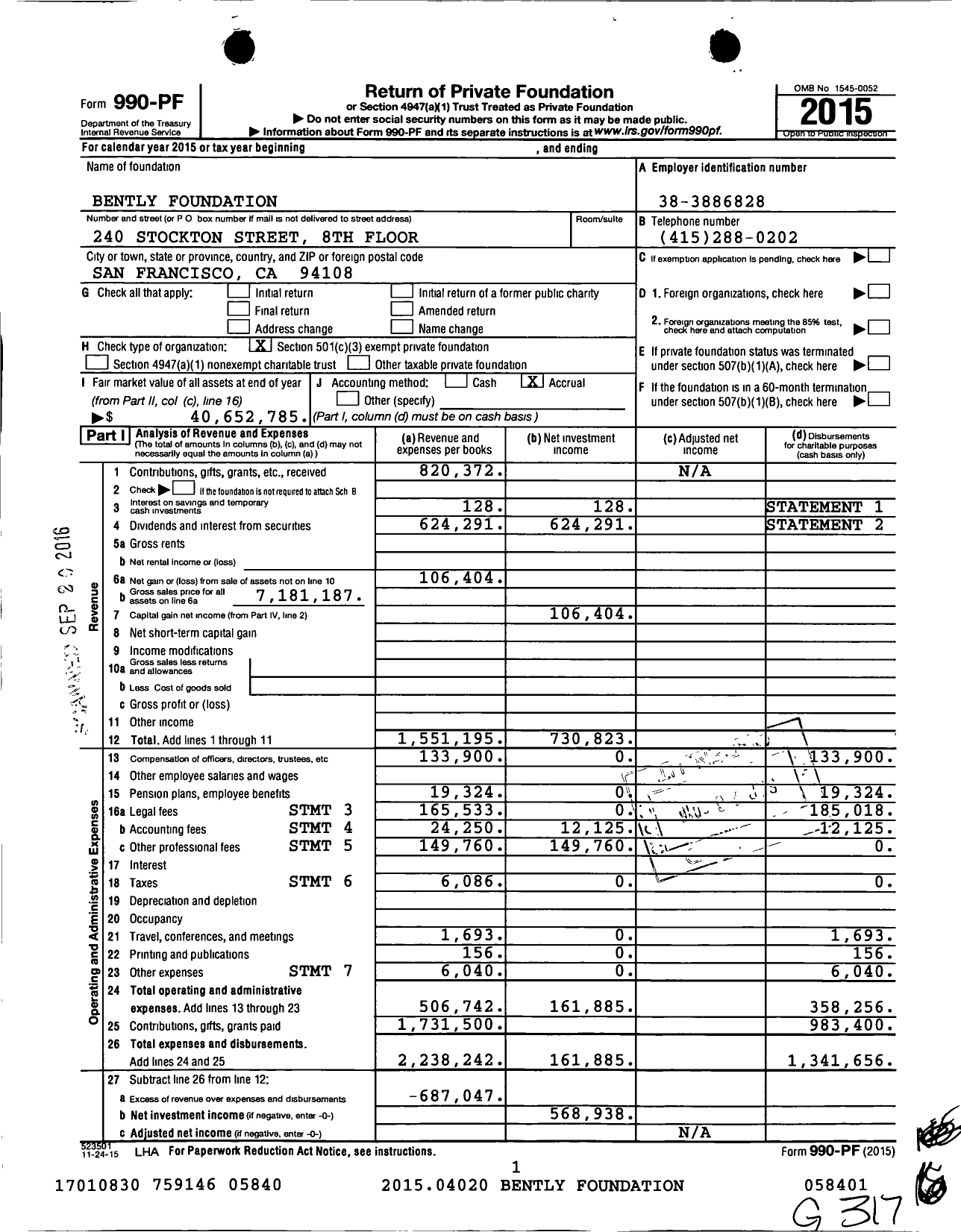 Image of first page of 2015 Form 990PF for Bently Foundation