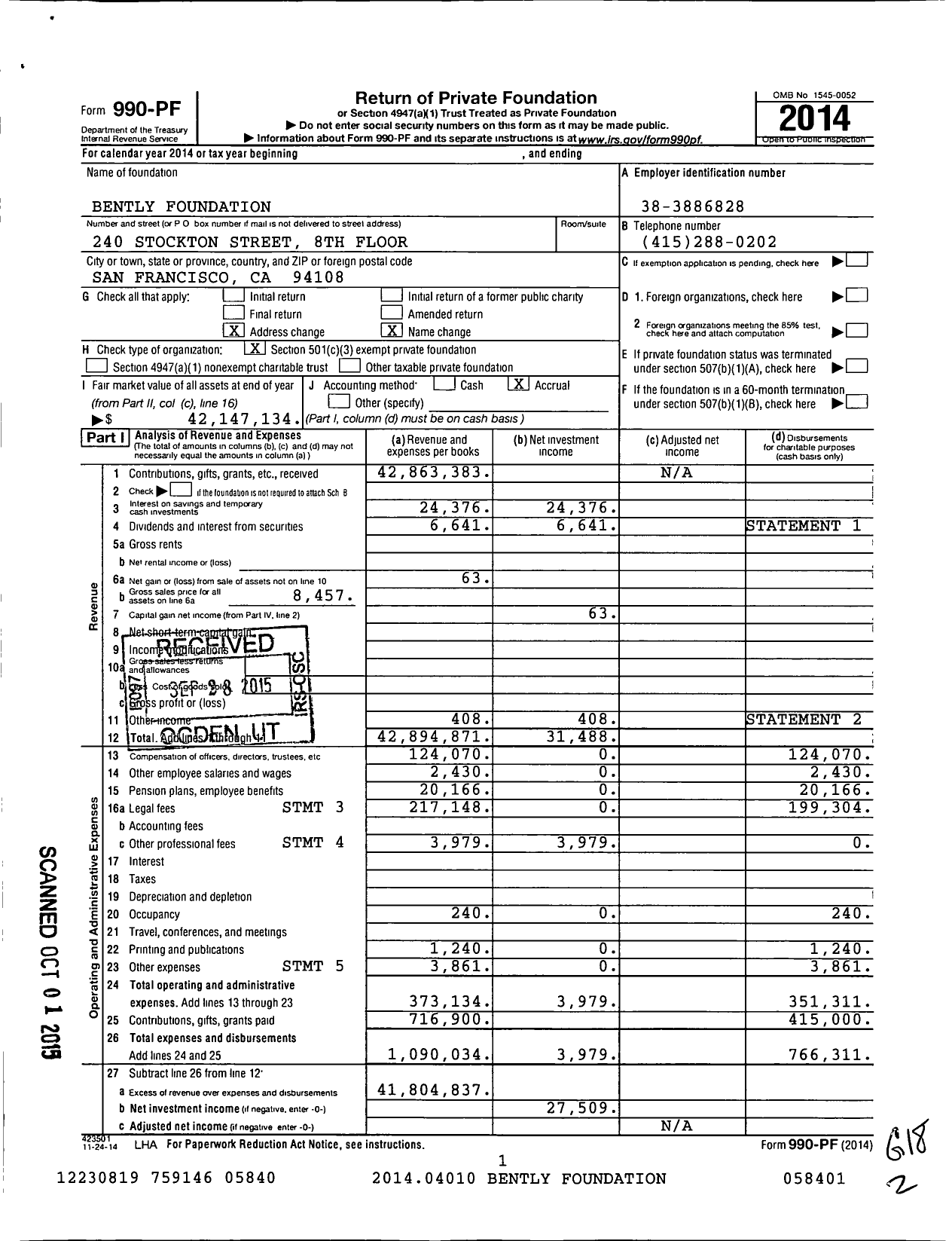 Image of first page of 2014 Form 990PF for Bently Foundation