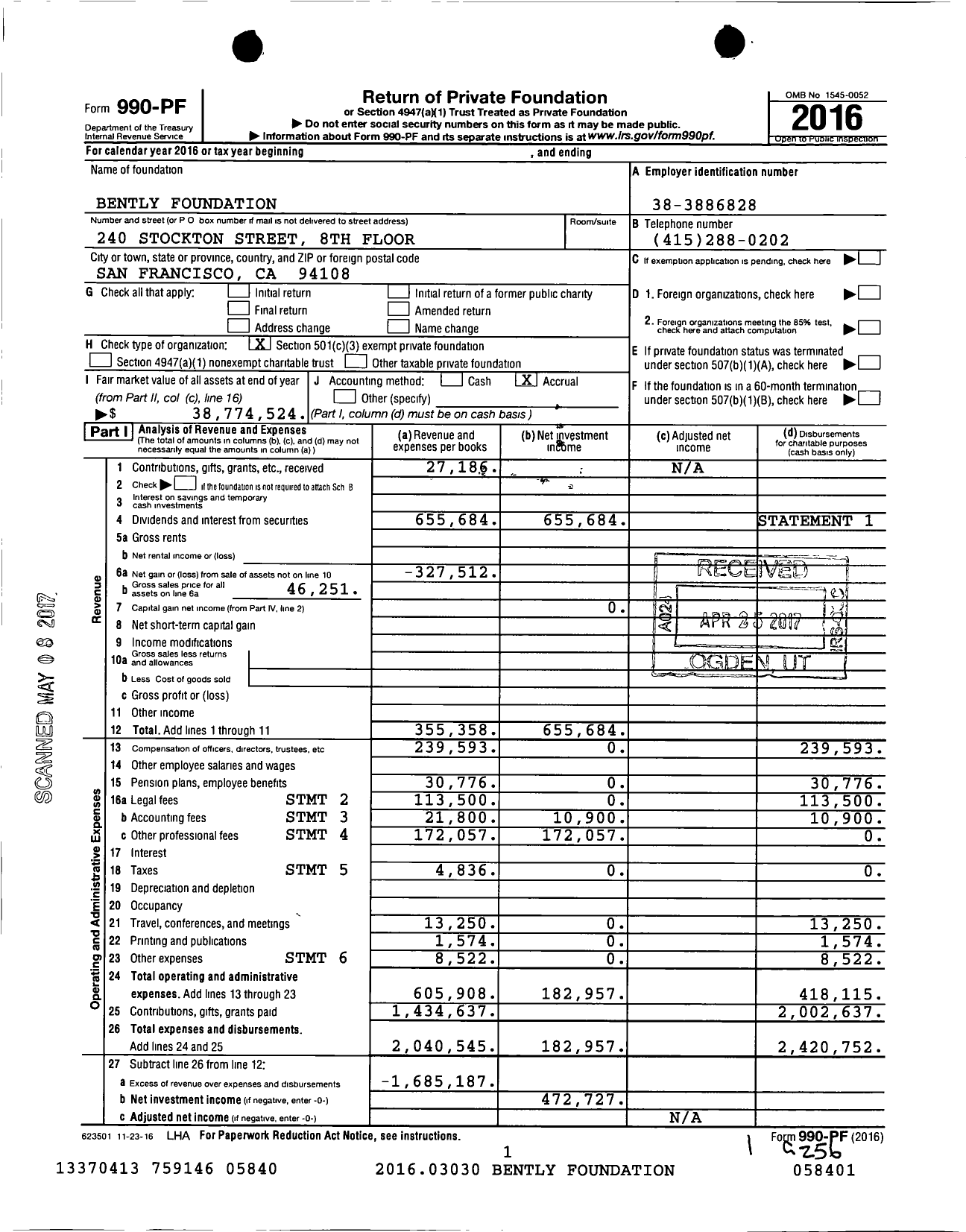 Image of first page of 2016 Form 990PF for Bently Foundation