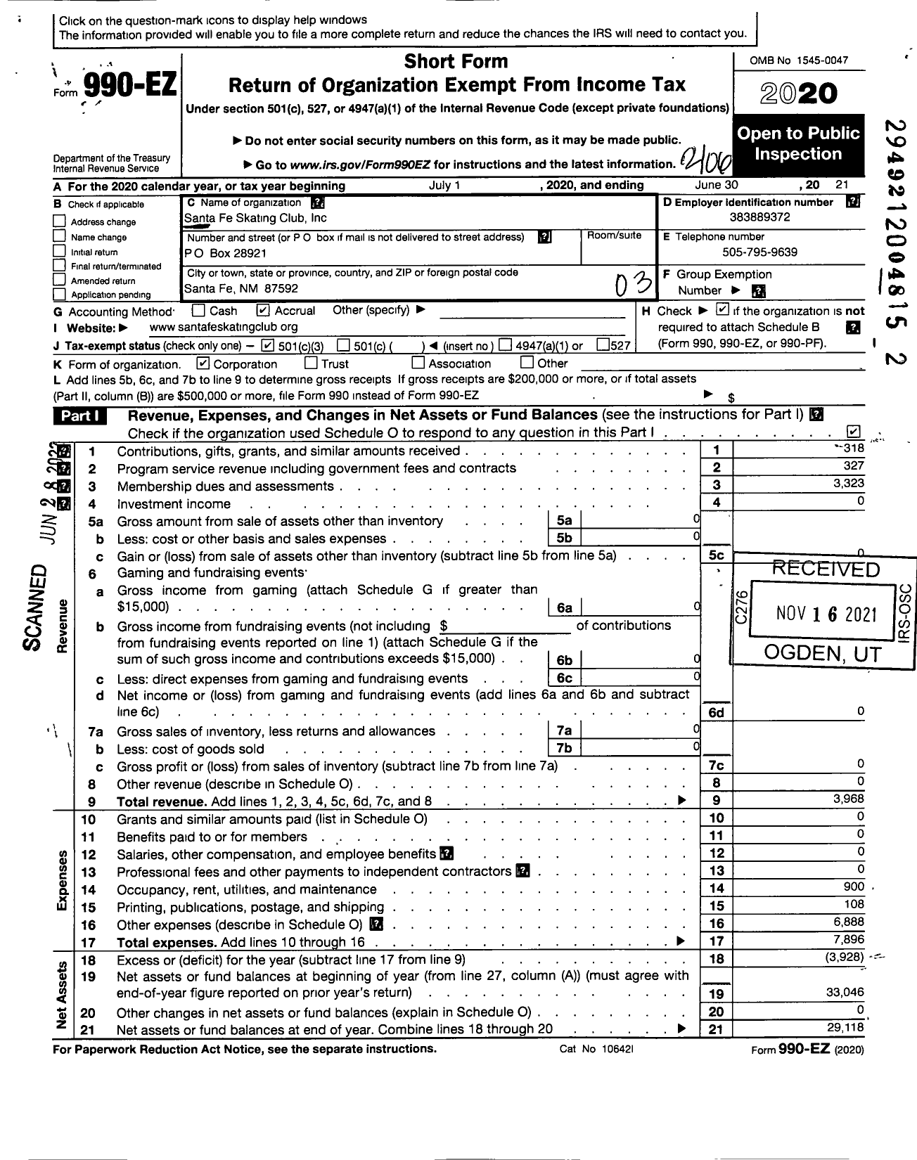 Image of first page of 2020 Form 990EZ for Santa Fe Skating Club