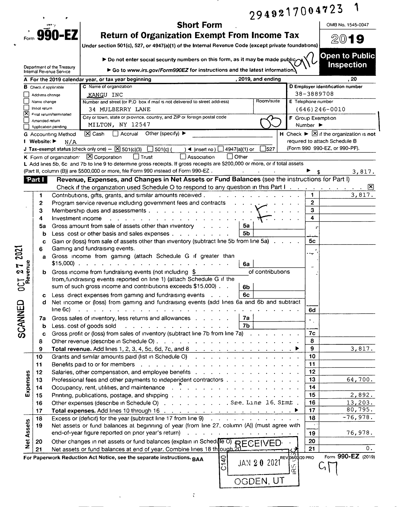 Image of first page of 2019 Form 990EZ for Kangu