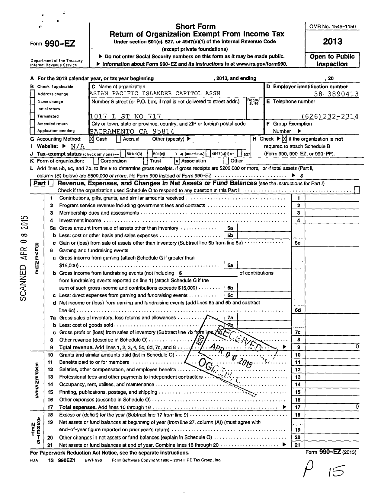 Image of first page of 2013 Form 990EO for Asian Pacific Islander Capitol Association