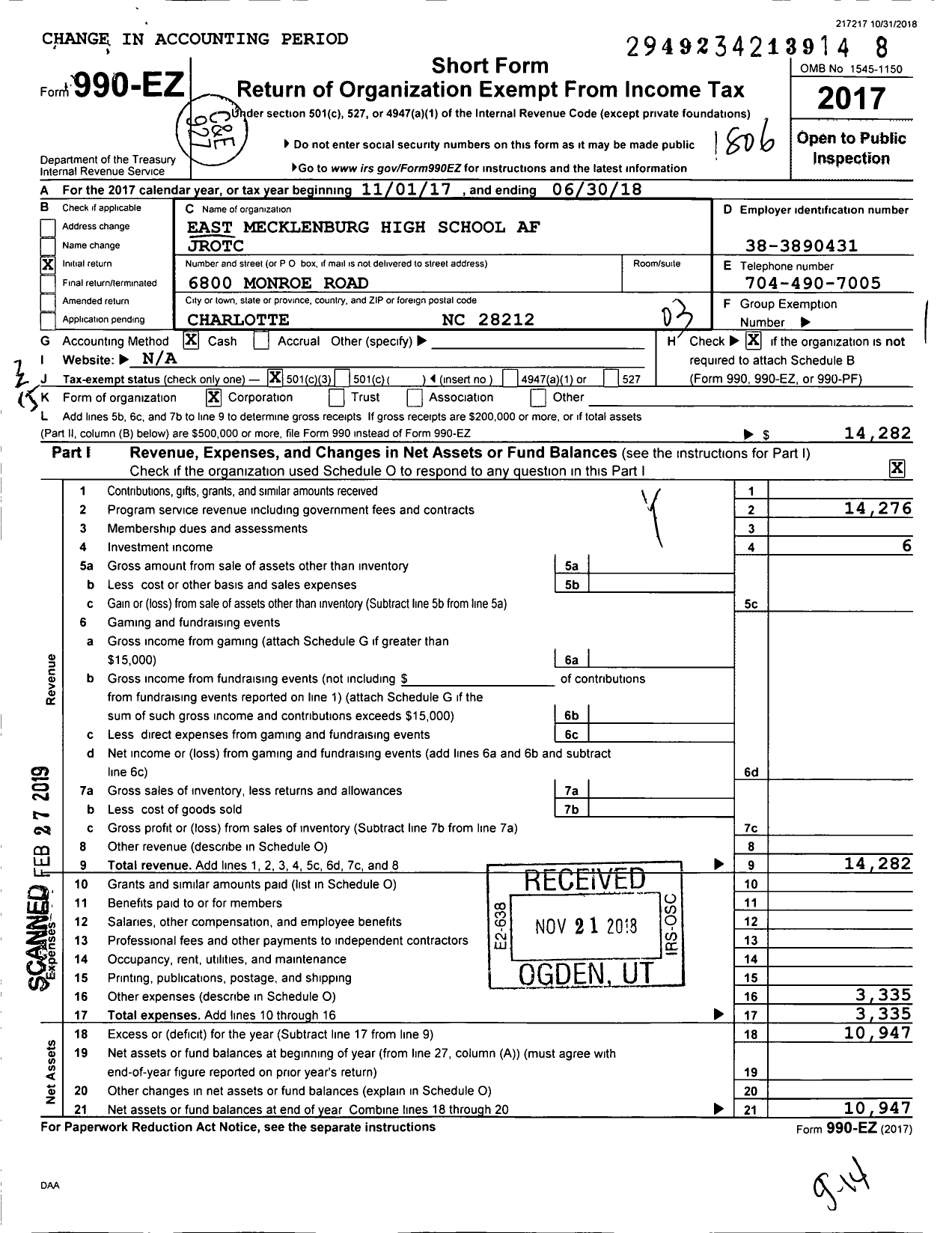 Image of first page of 2017 Form 990EZ for East Mecklenburg High School Af Jrotc