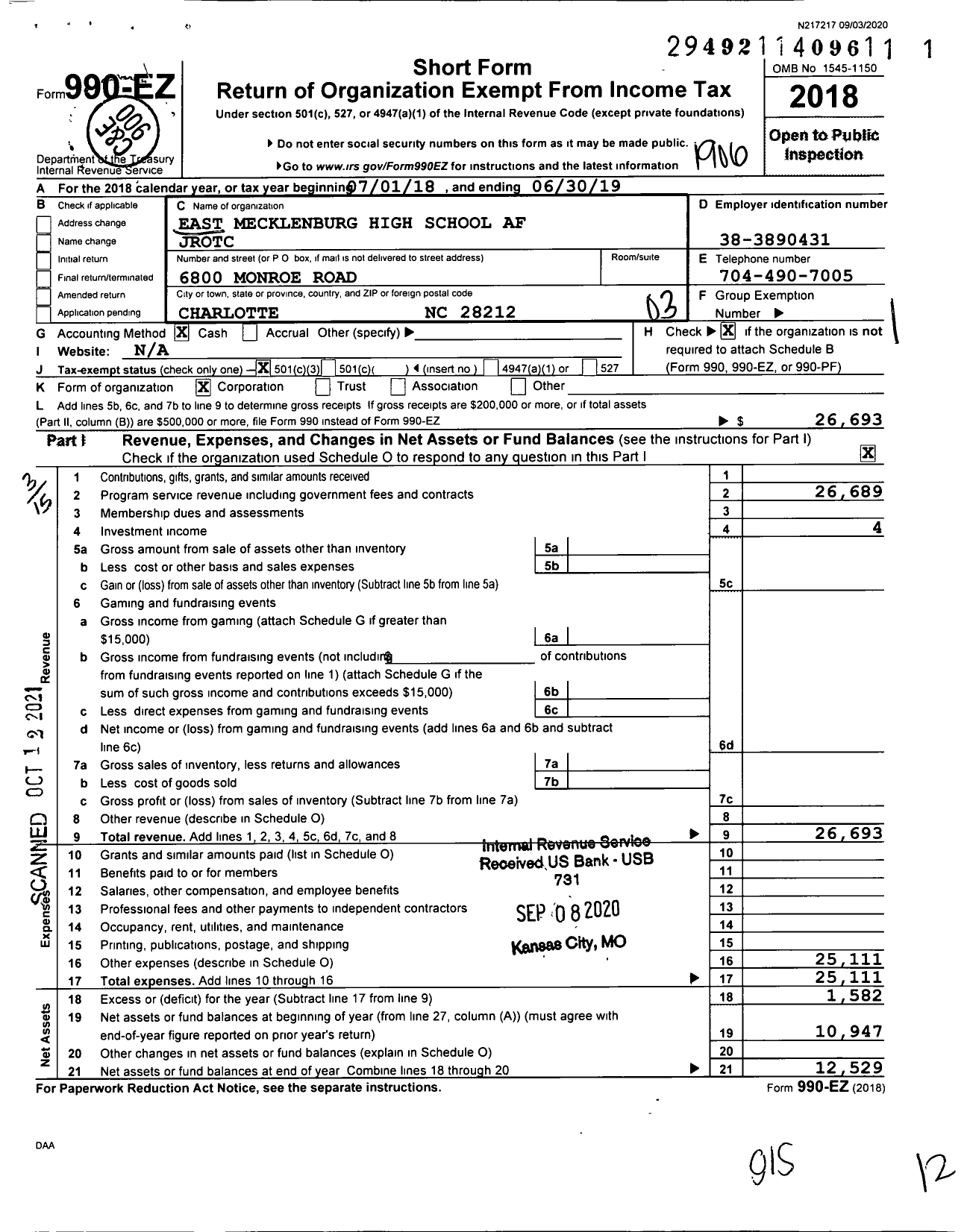 Image of first page of 2018 Form 990EZ for East Mecklenburg High School Af Jrotc