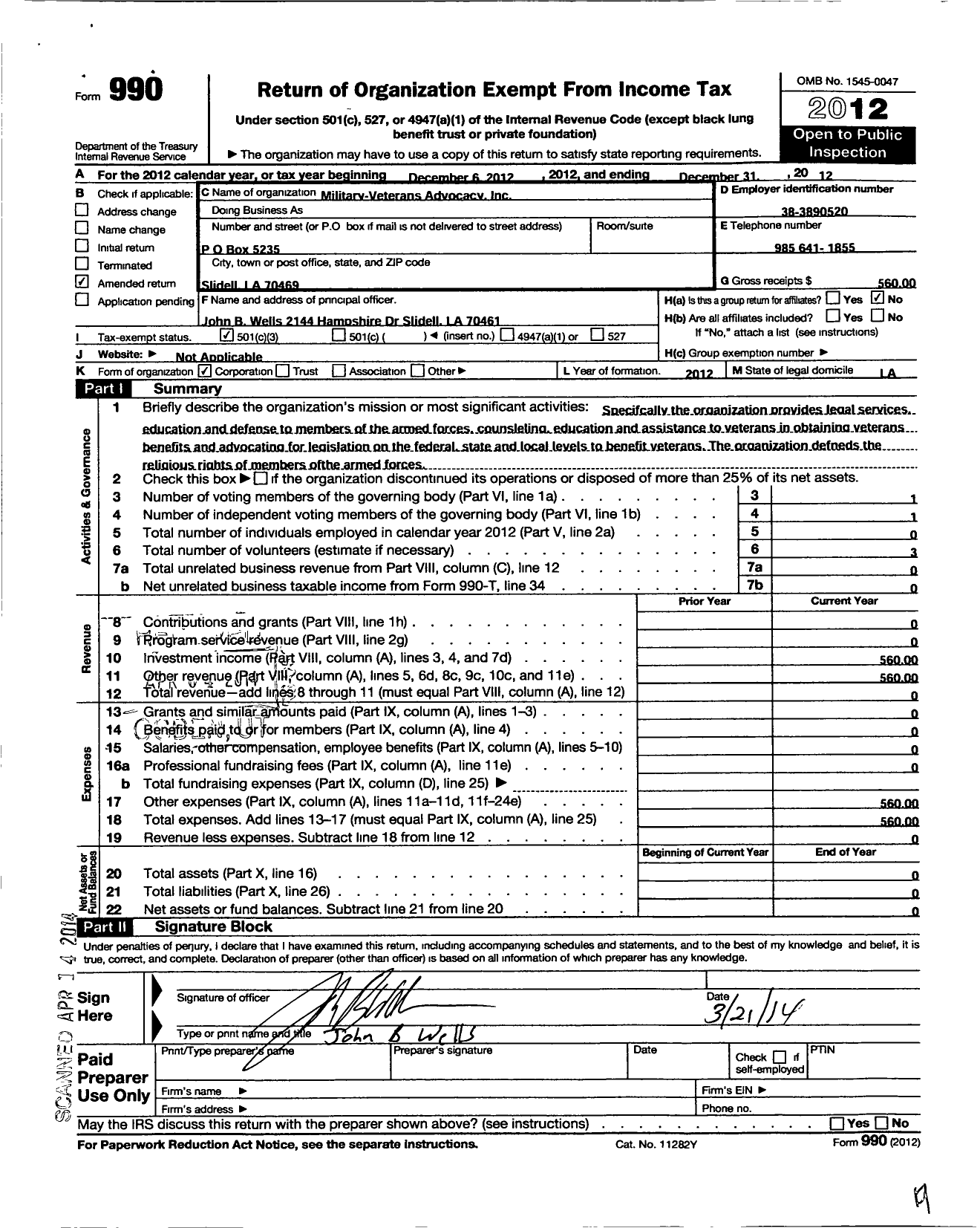 Image of first page of 2012 Form 990 for Military-Veterans Adovacy