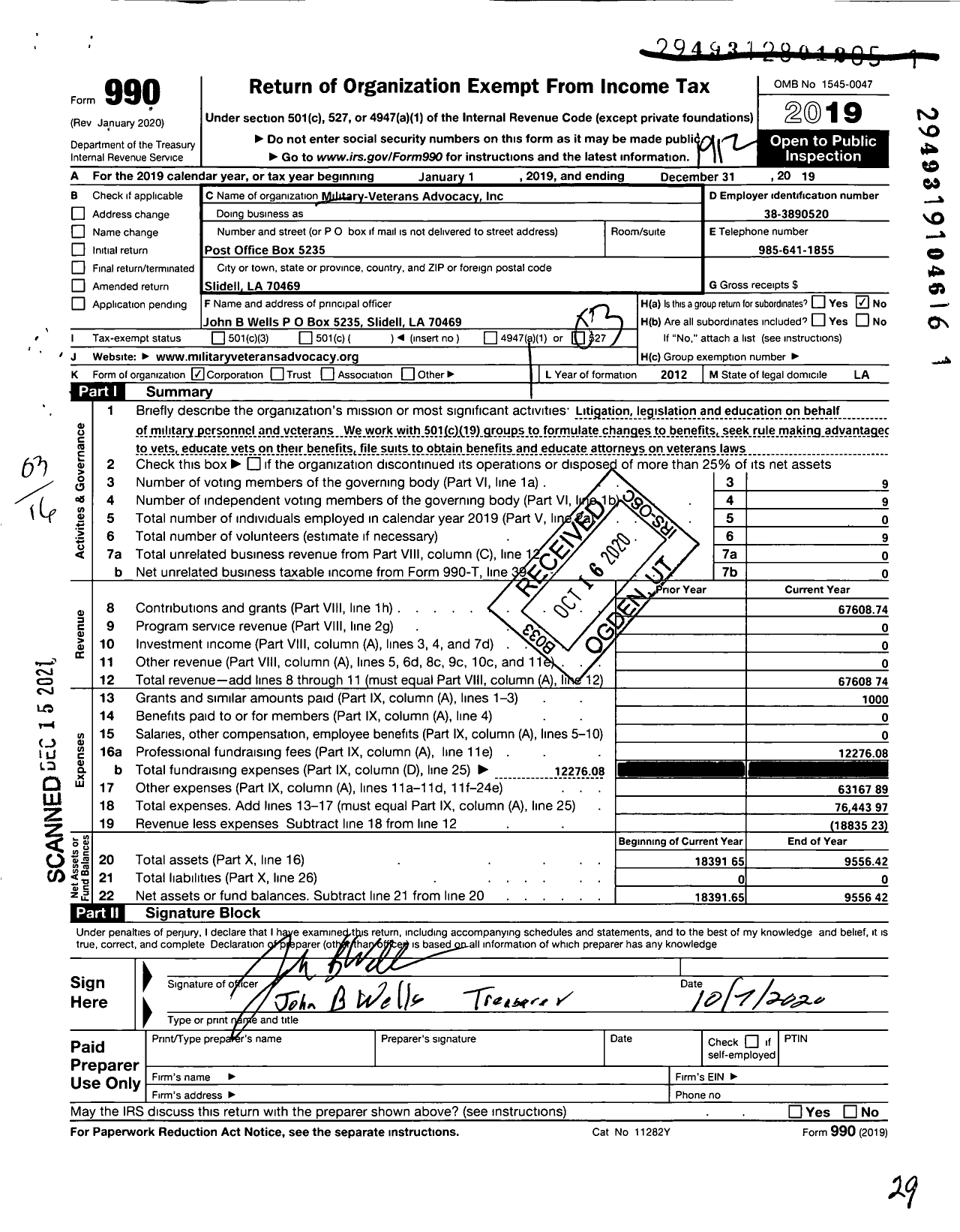 Image of first page of 2019 Form 990 for Military-Veterans Adovacy