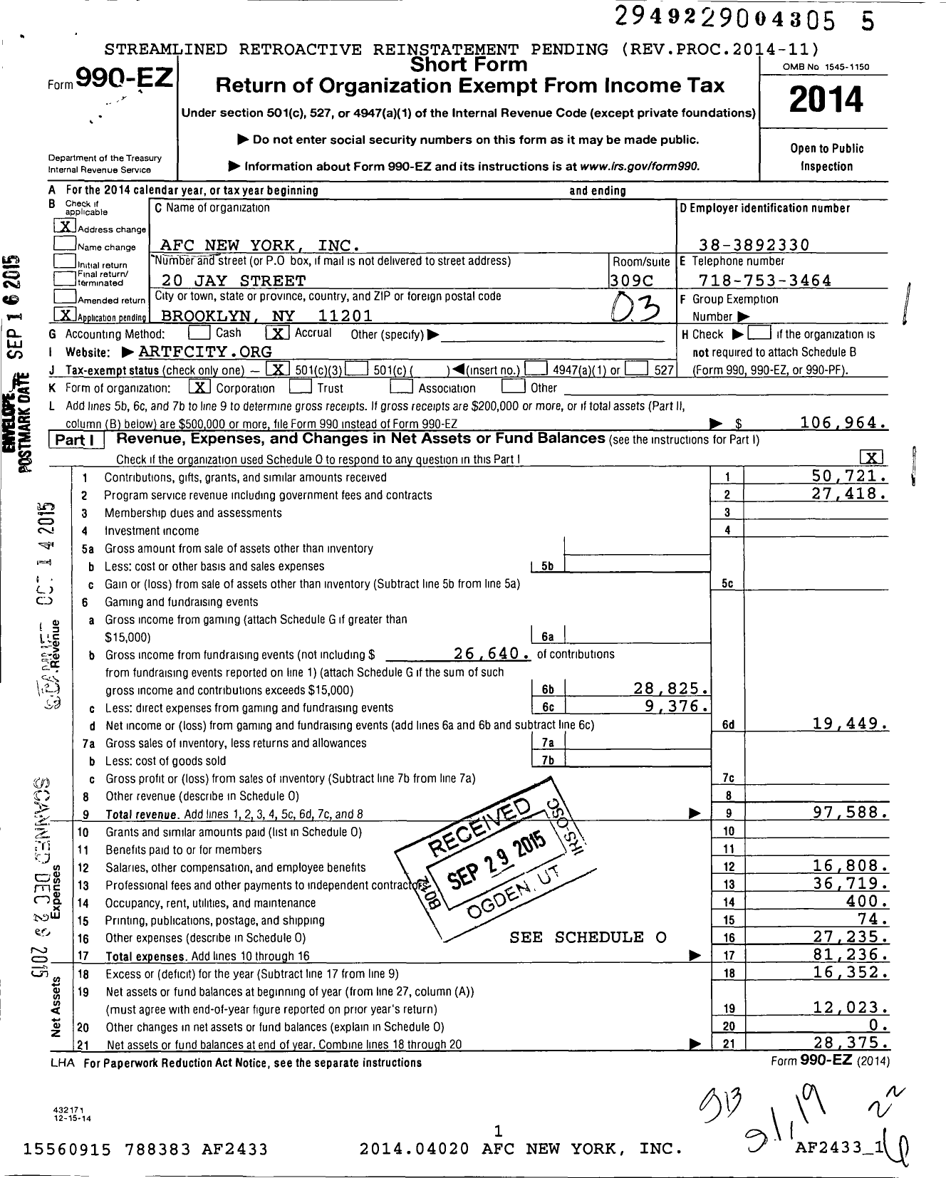 Image of first page of 2014 Form 990EZ for Afc New York