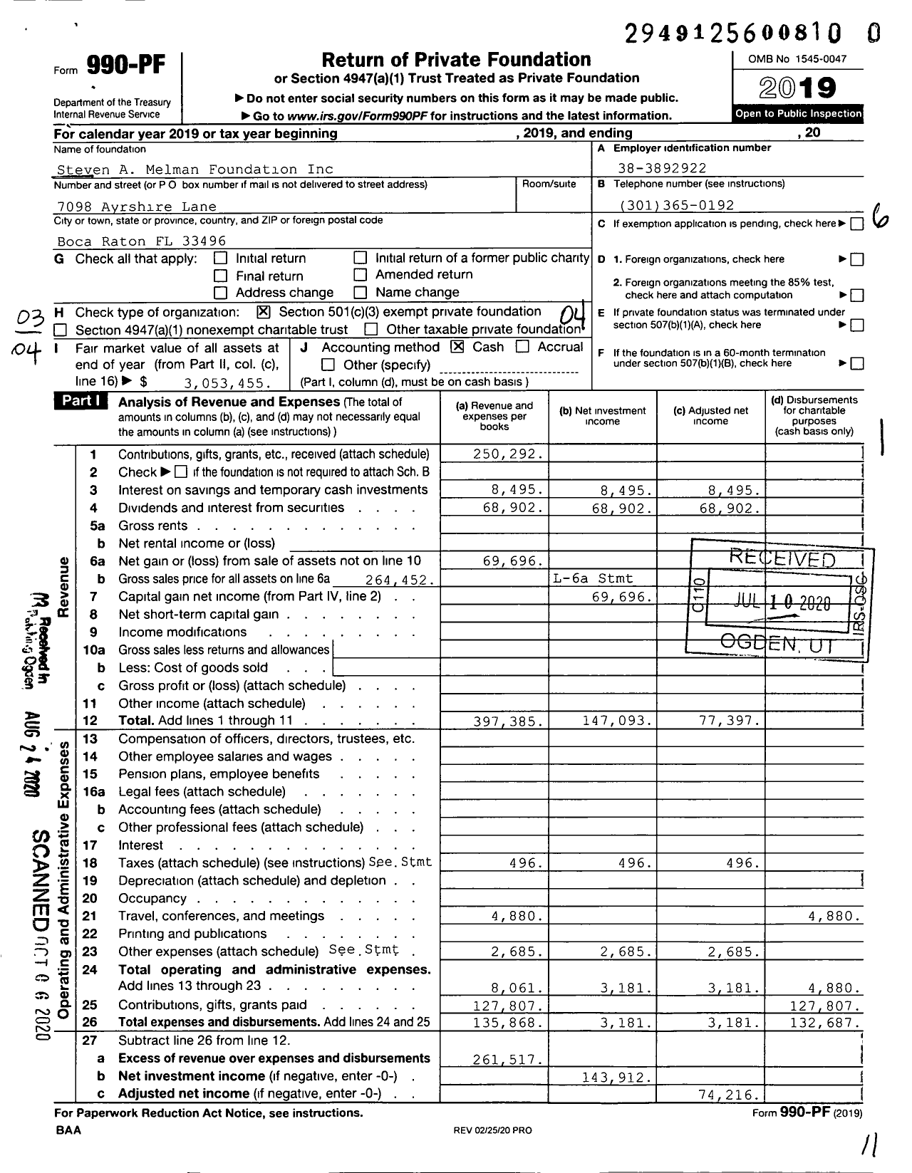 Image of first page of 2019 Form 990PR for Steven A Melman Foundation