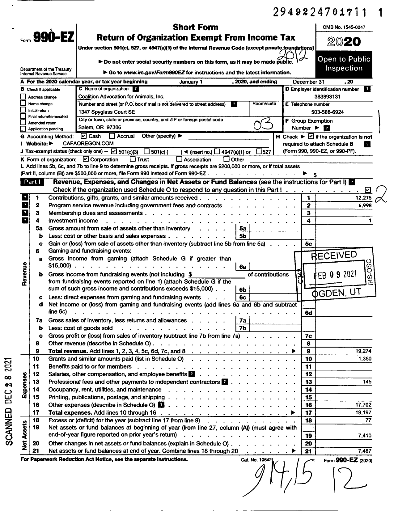 Image of first page of 2020 Form 990EZ for Coalition Advocating for Animals