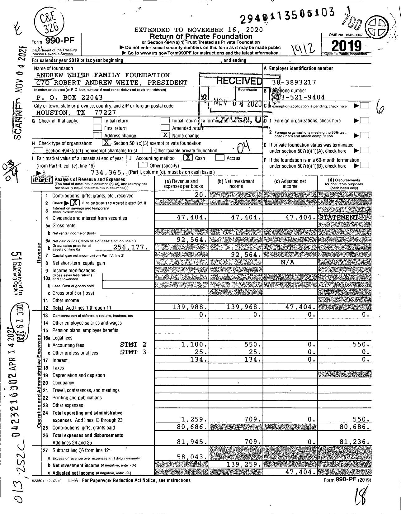 Image of first page of 2019 Form 990PF for Andrew White Family Foundation