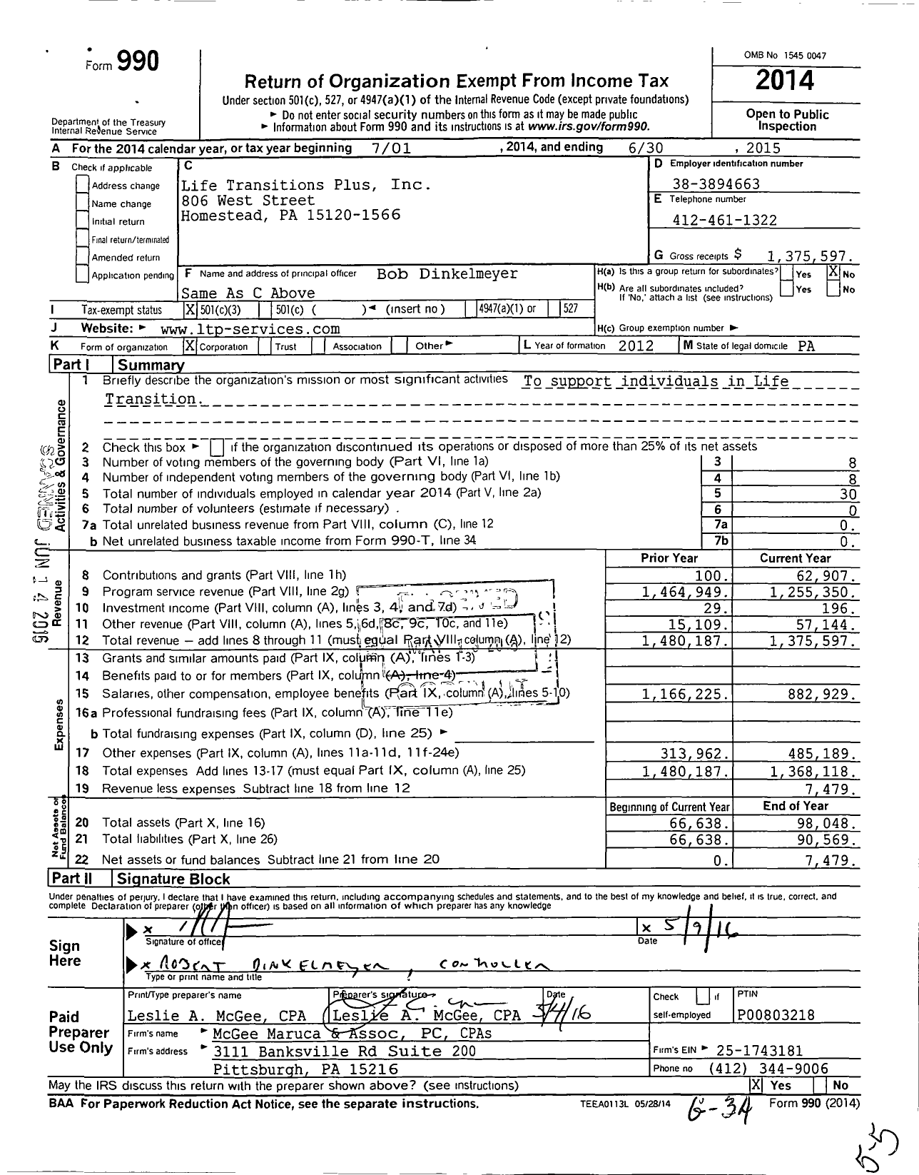 Image of first page of 2014 Form 990 for Life Transitions Plus
