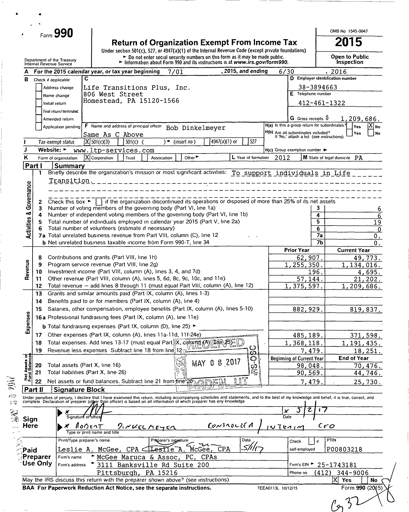 Image of first page of 2015 Form 990 for Life Transitions Plus