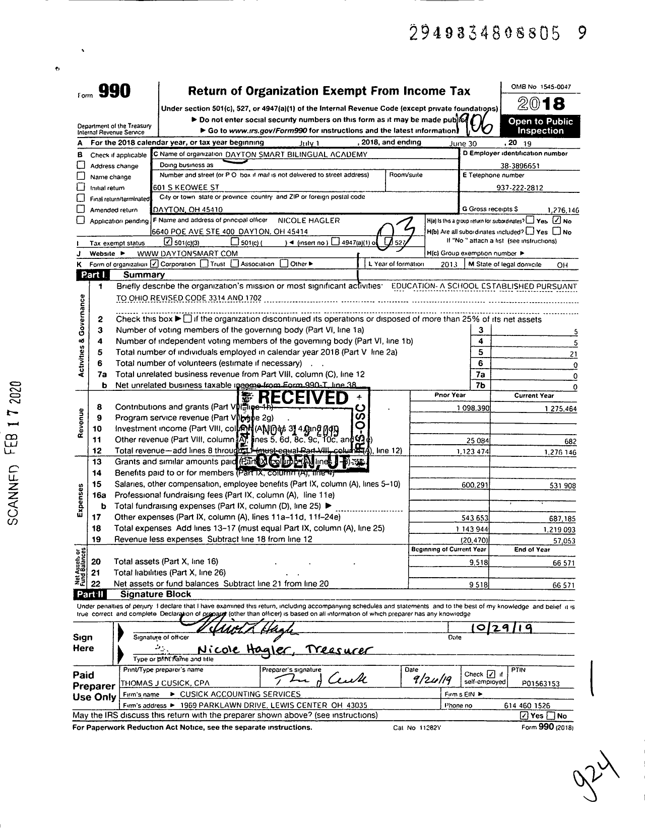 Image of first page of 2018 Form 990 for Dayton Smart Bilingual Academy