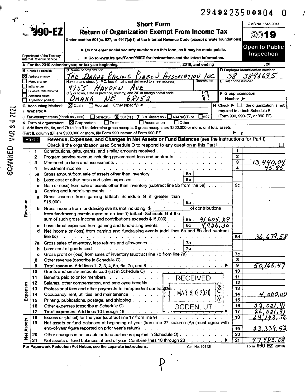 Image of first page of 2019 Form 990EO for Omaha Racing Pigeon Association