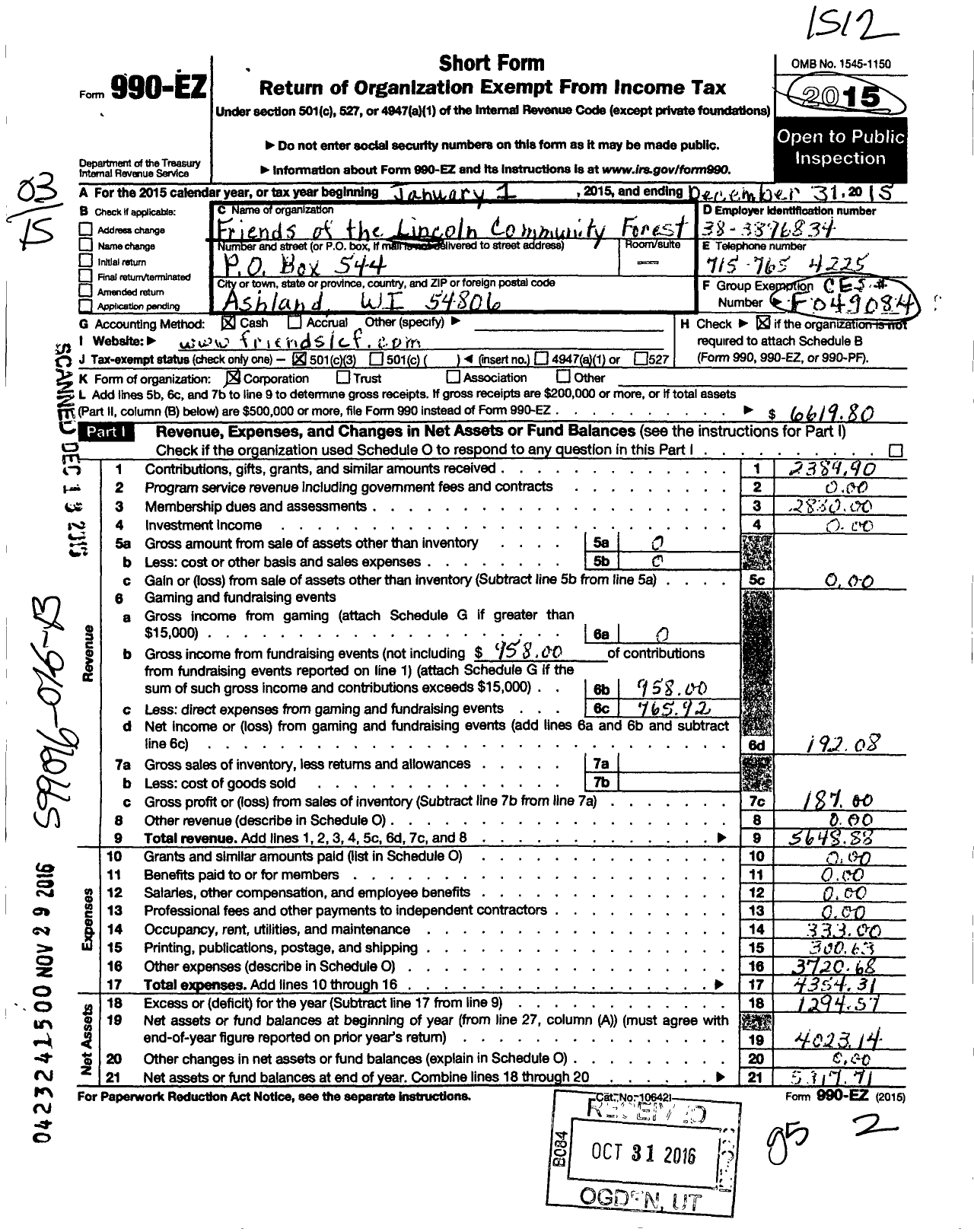 Image of first page of 2015 Form 990EZ for Friends of the Lincoln Community Forest