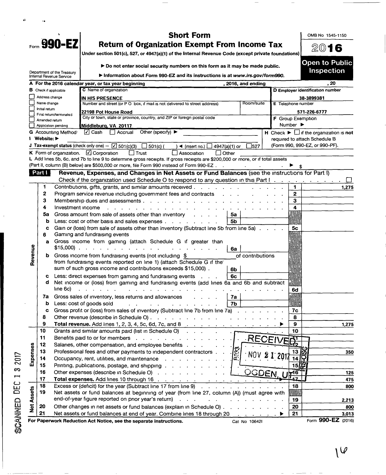 Image of first page of 2016 Form 990EZ for In His Presence