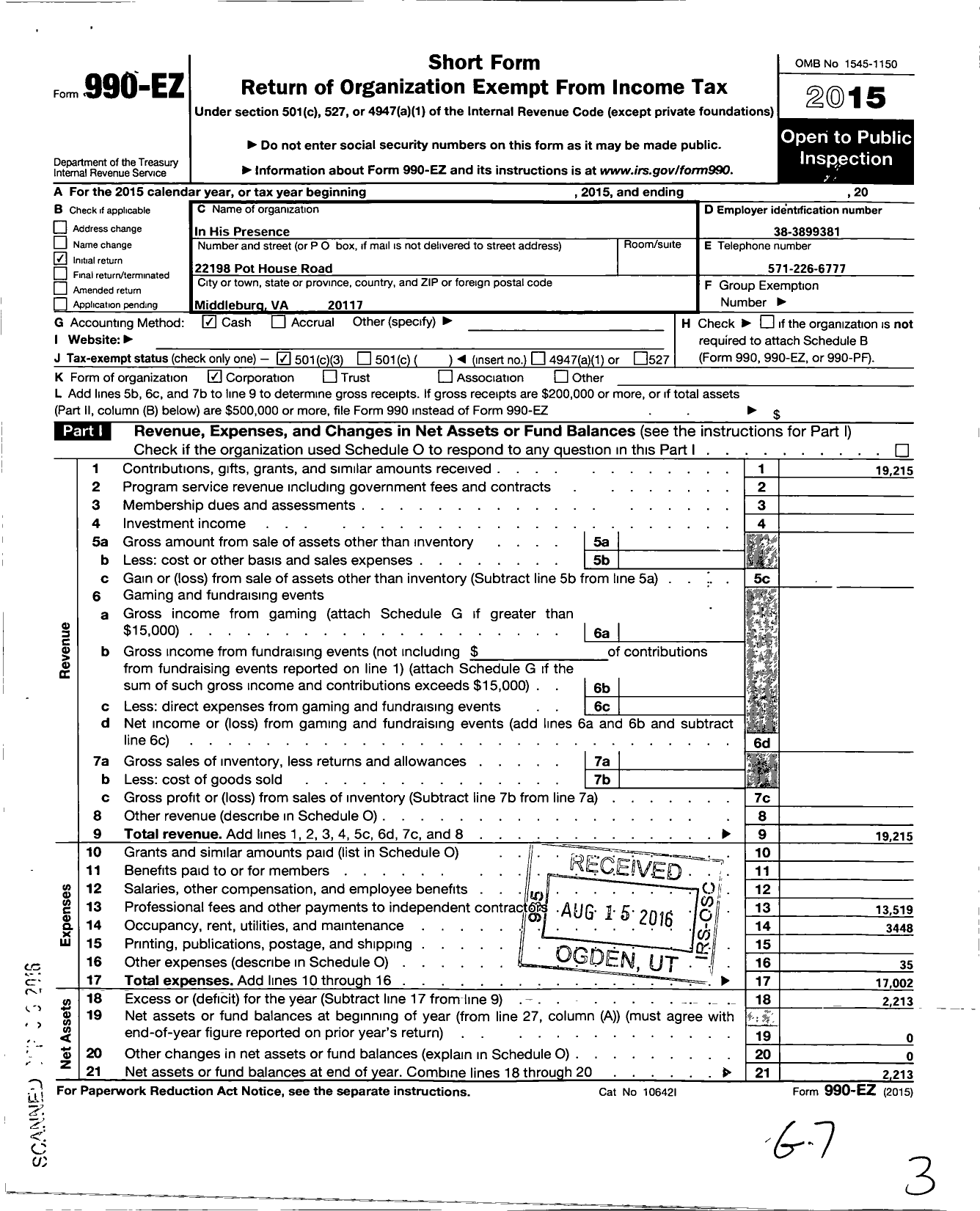 Image of first page of 2015 Form 990EZ for In His Presence