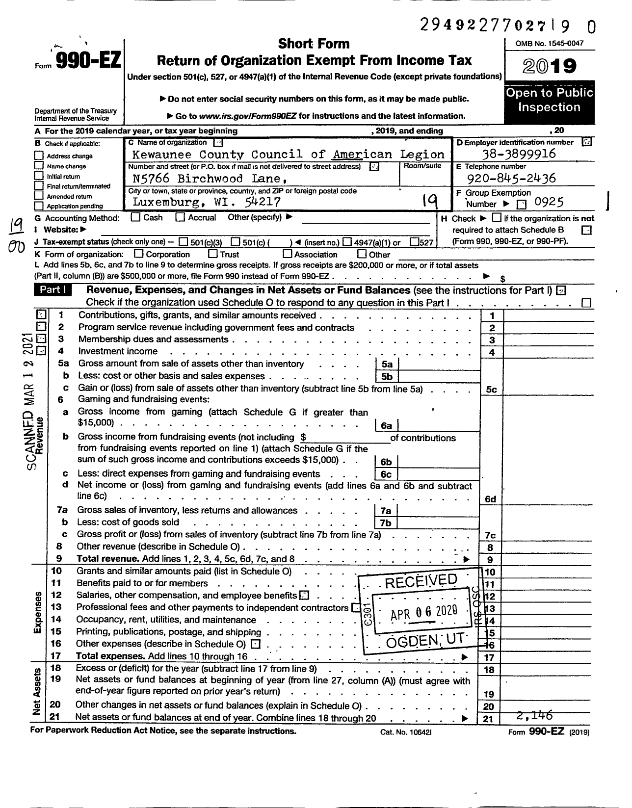 Image of first page of 2019 Form 990EO for American Legion - Kewaunee Co American Legi