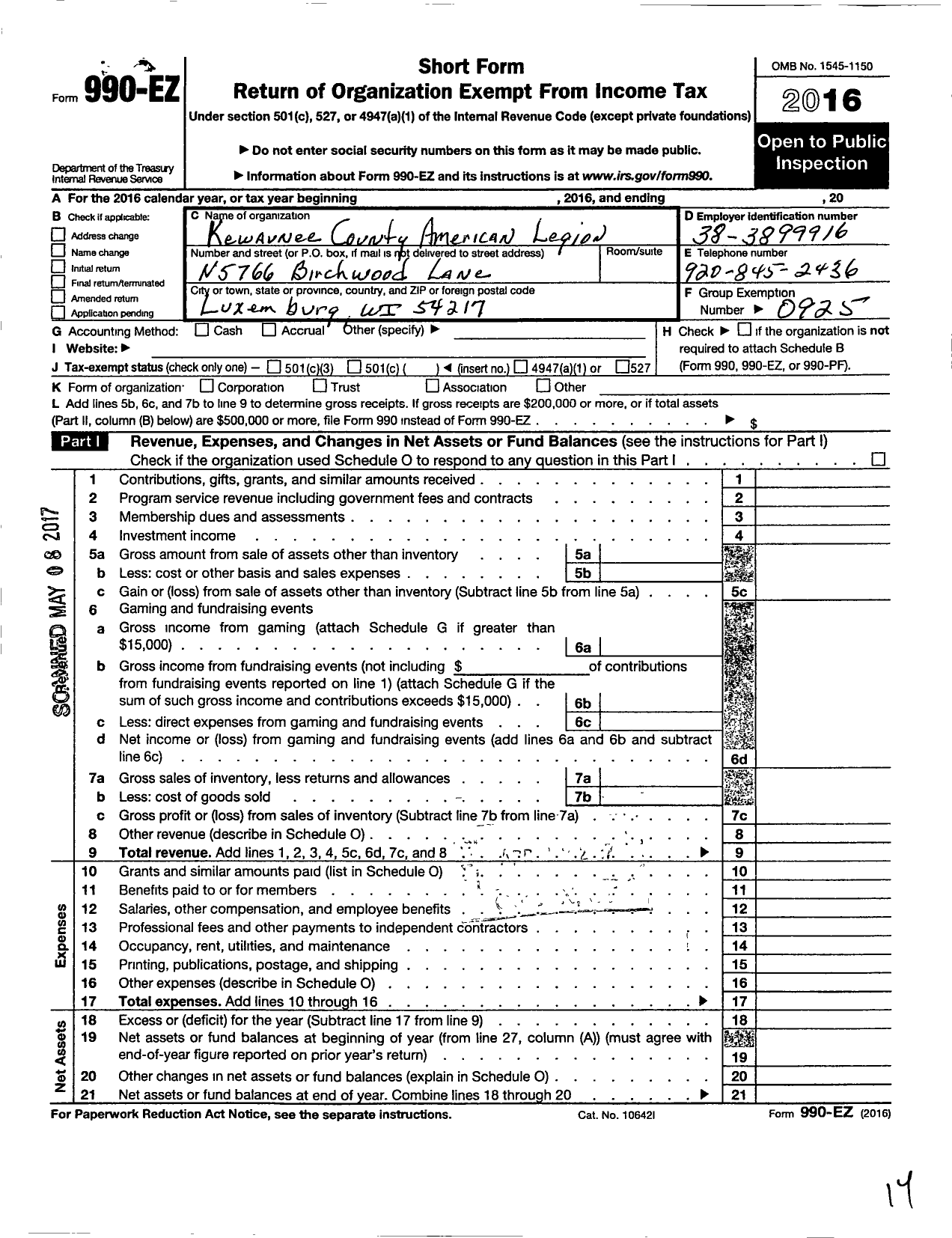 Image of first page of 2016 Form 990EO for American Legion - Kewaunee Co American Legi