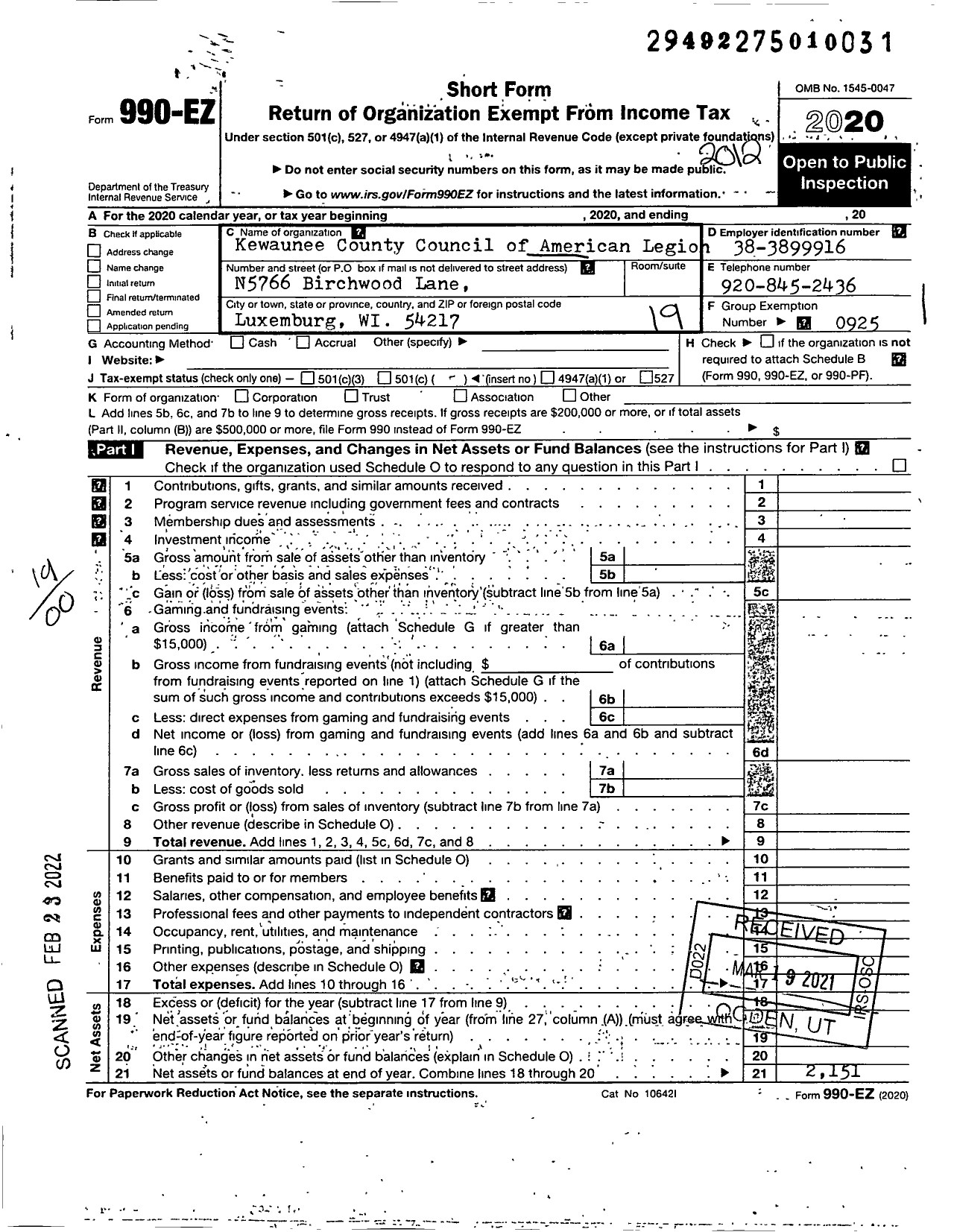 Image of first page of 2020 Form 990EO for American Legion - Kewaunee Co American Legi