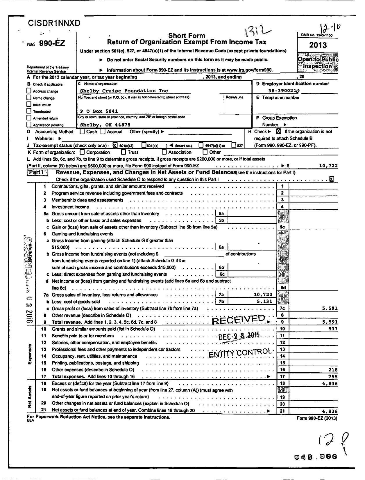 Image of first page of 2013 Form 990EZ for Shelby Cruise Foundation